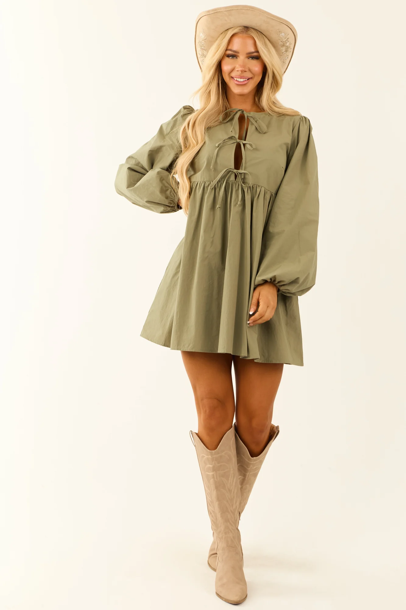 Sage Cotton Tent Style Long Sleeve Dress