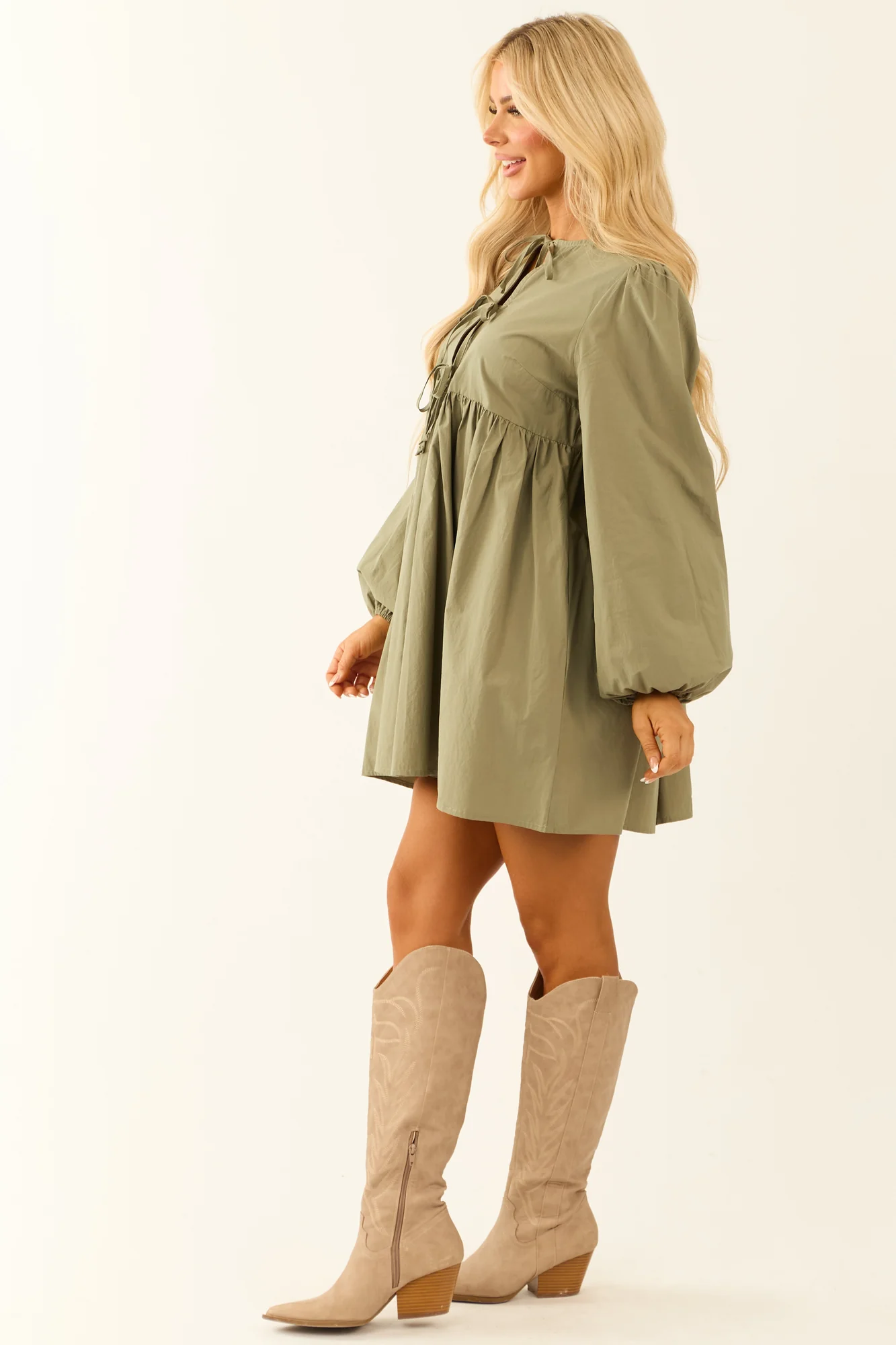 Sage Cotton Tent Style Long Sleeve Dress