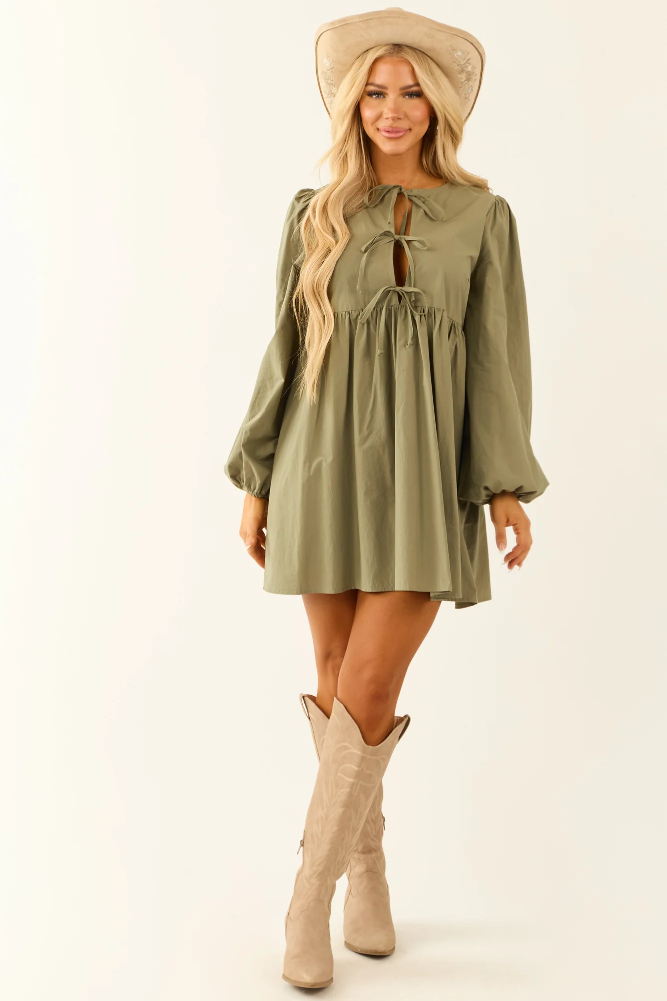 Sage Cotton Tent Style Long Sleeve Dress