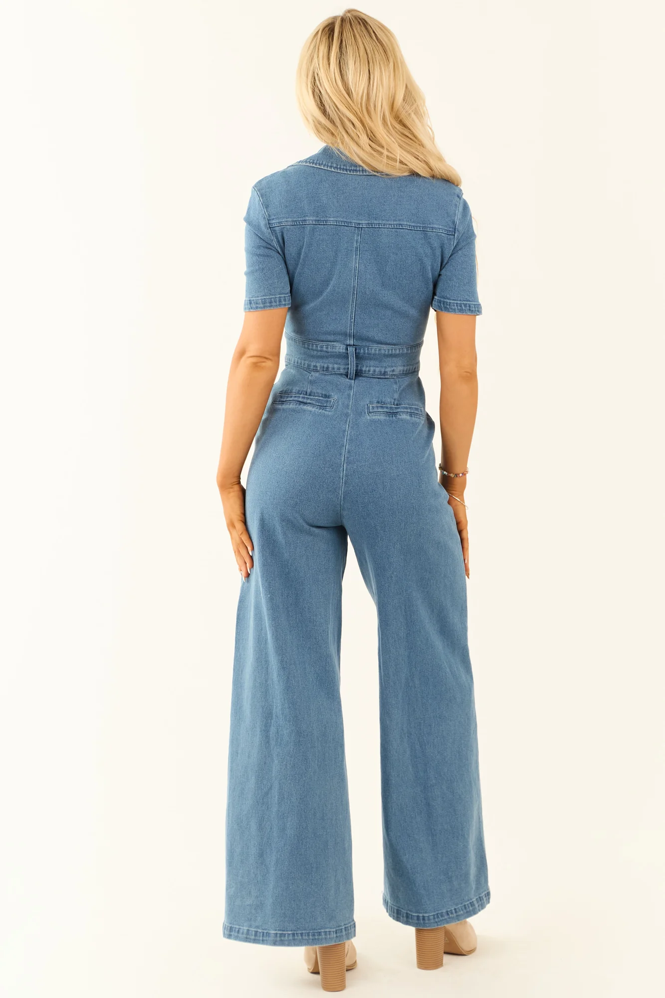 Denim Wide Leg Jumpsuit with V-Neckline and Side Pockets