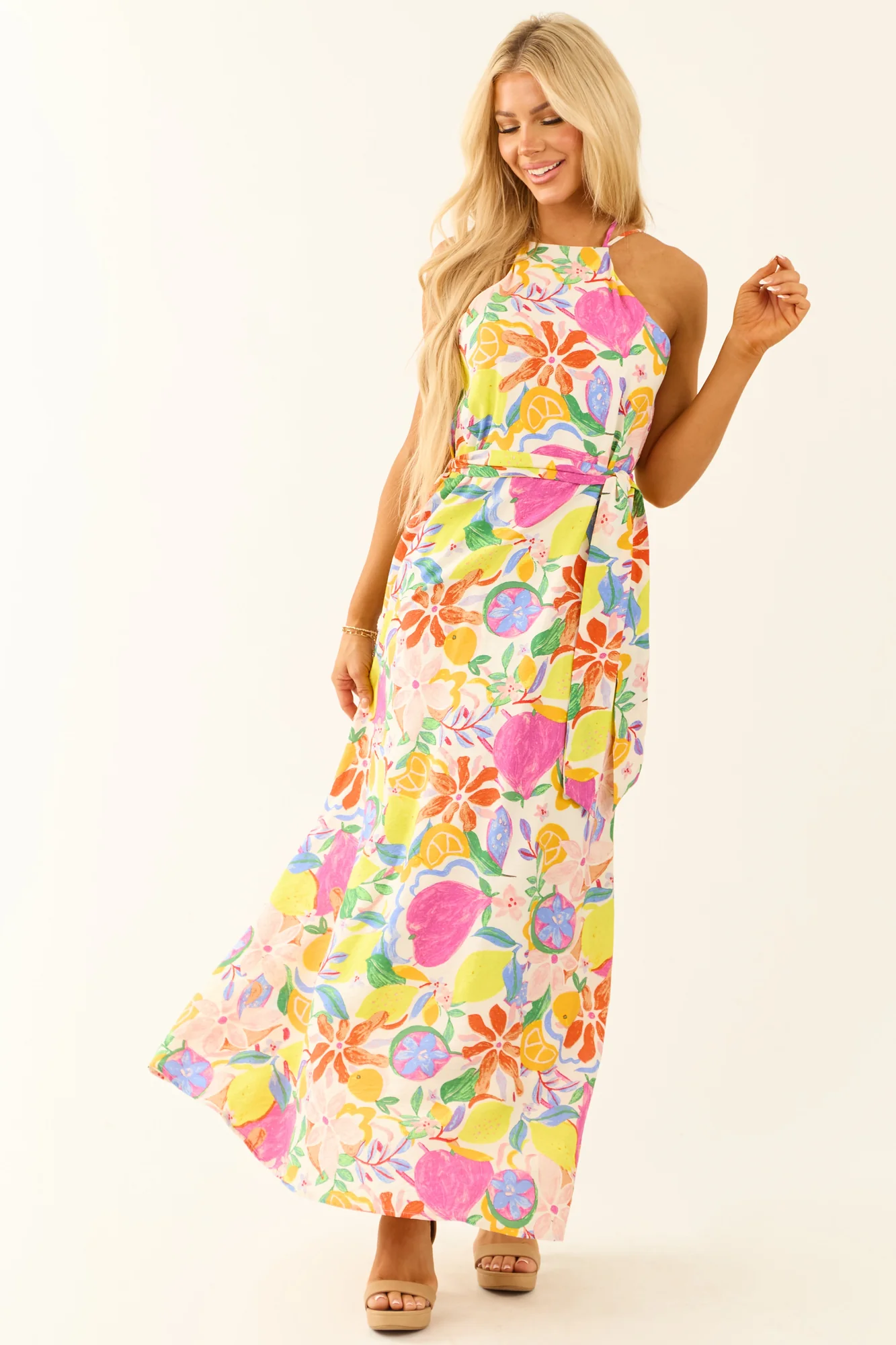 Ivory Floral Fruit Print Halter Maxi Dress