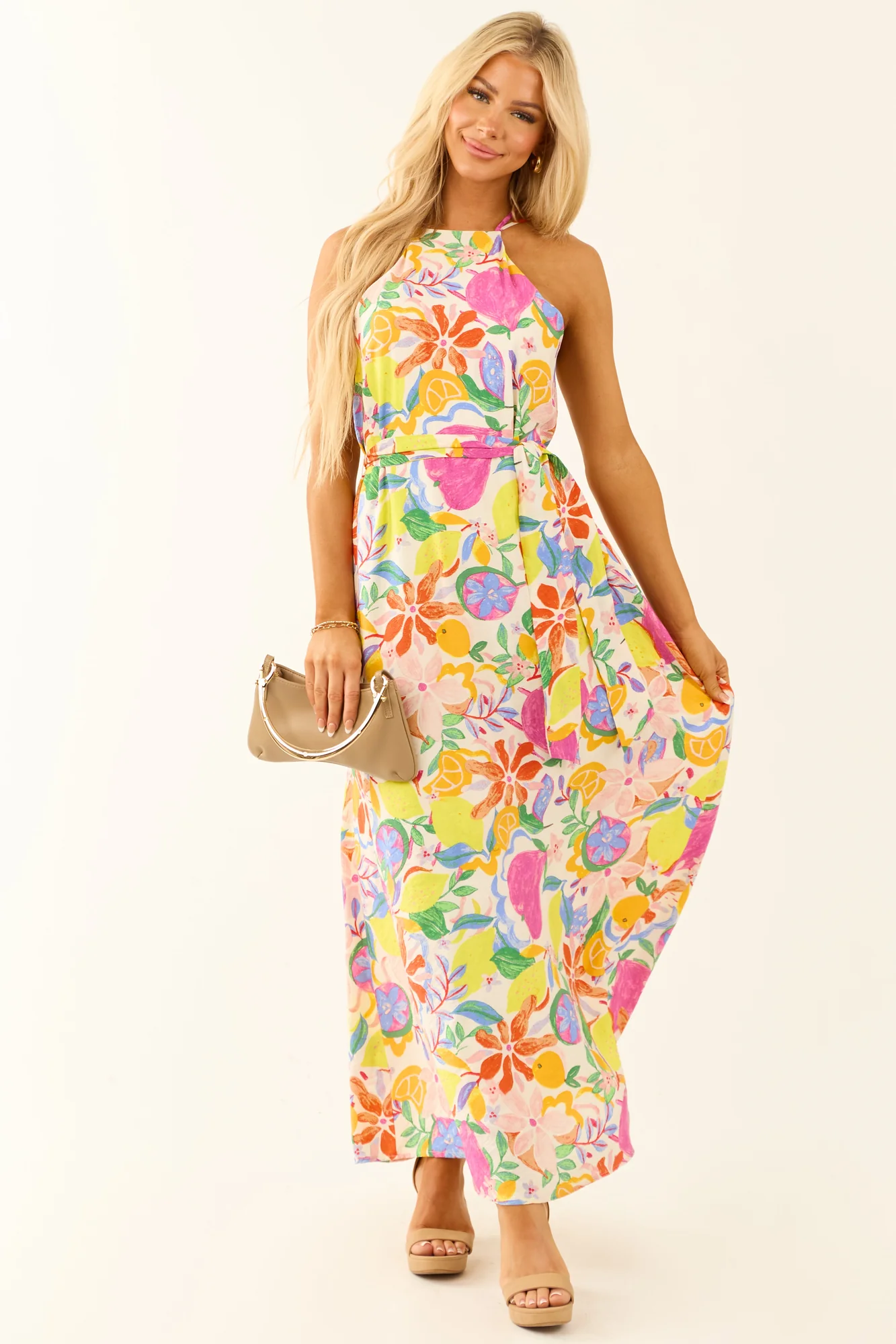 Ivory Floral Fruit Print Halter Maxi Dress