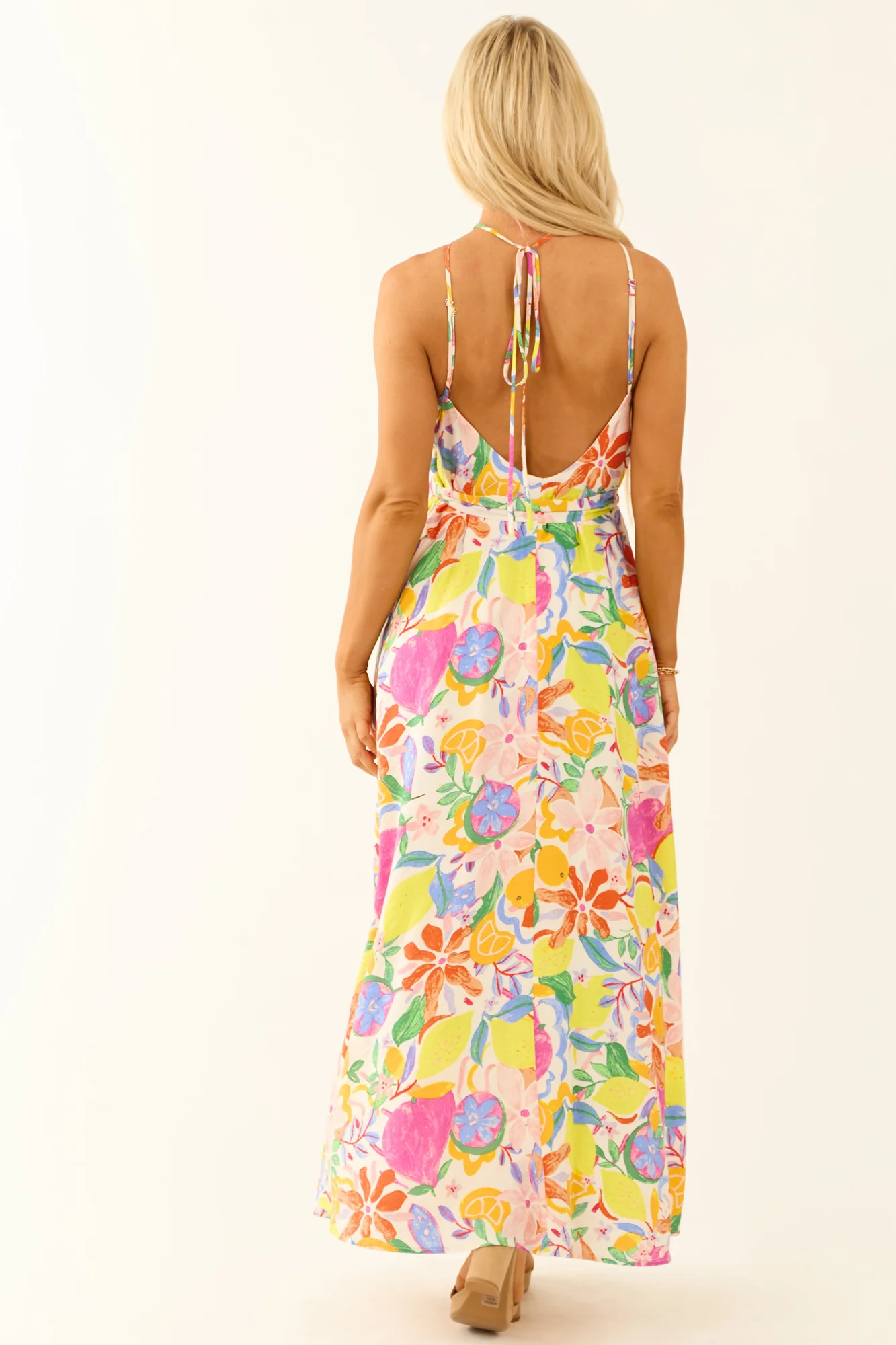 Ivory Floral Fruit Print Halter Maxi Dress