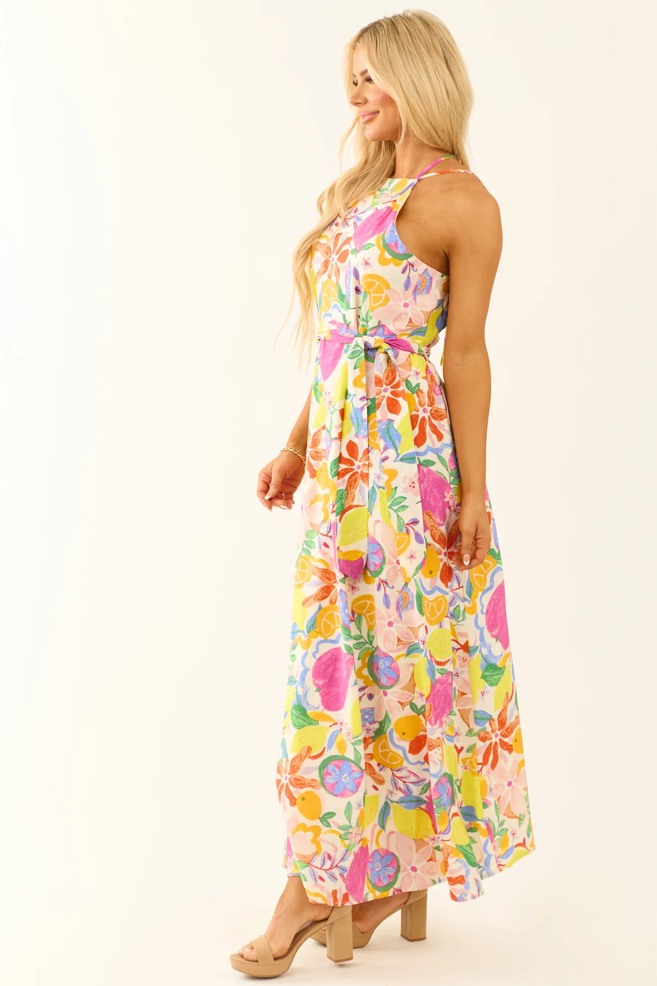 Ivory Floral Fruit Print Halter Maxi Dress