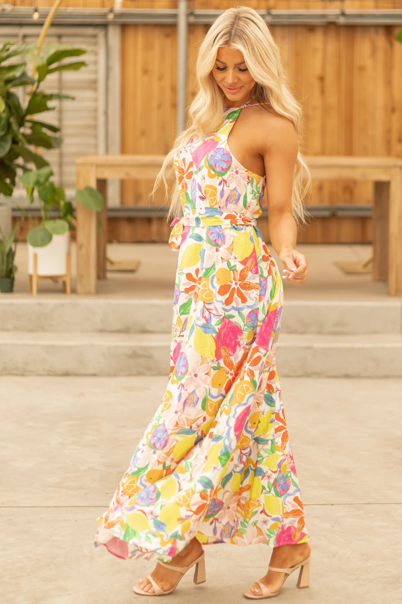 Ivory Floral Fruit Print Halter Maxi Dress