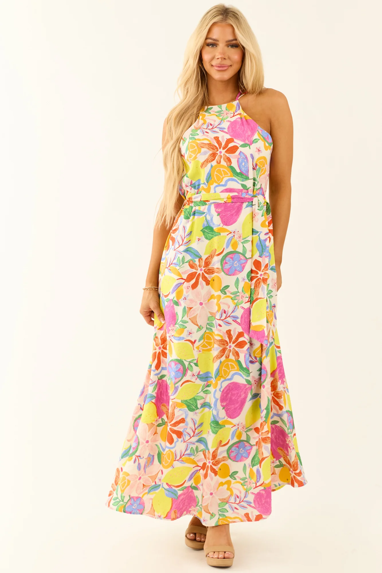 Ivory Floral Fruit Print Halter Maxi Dress