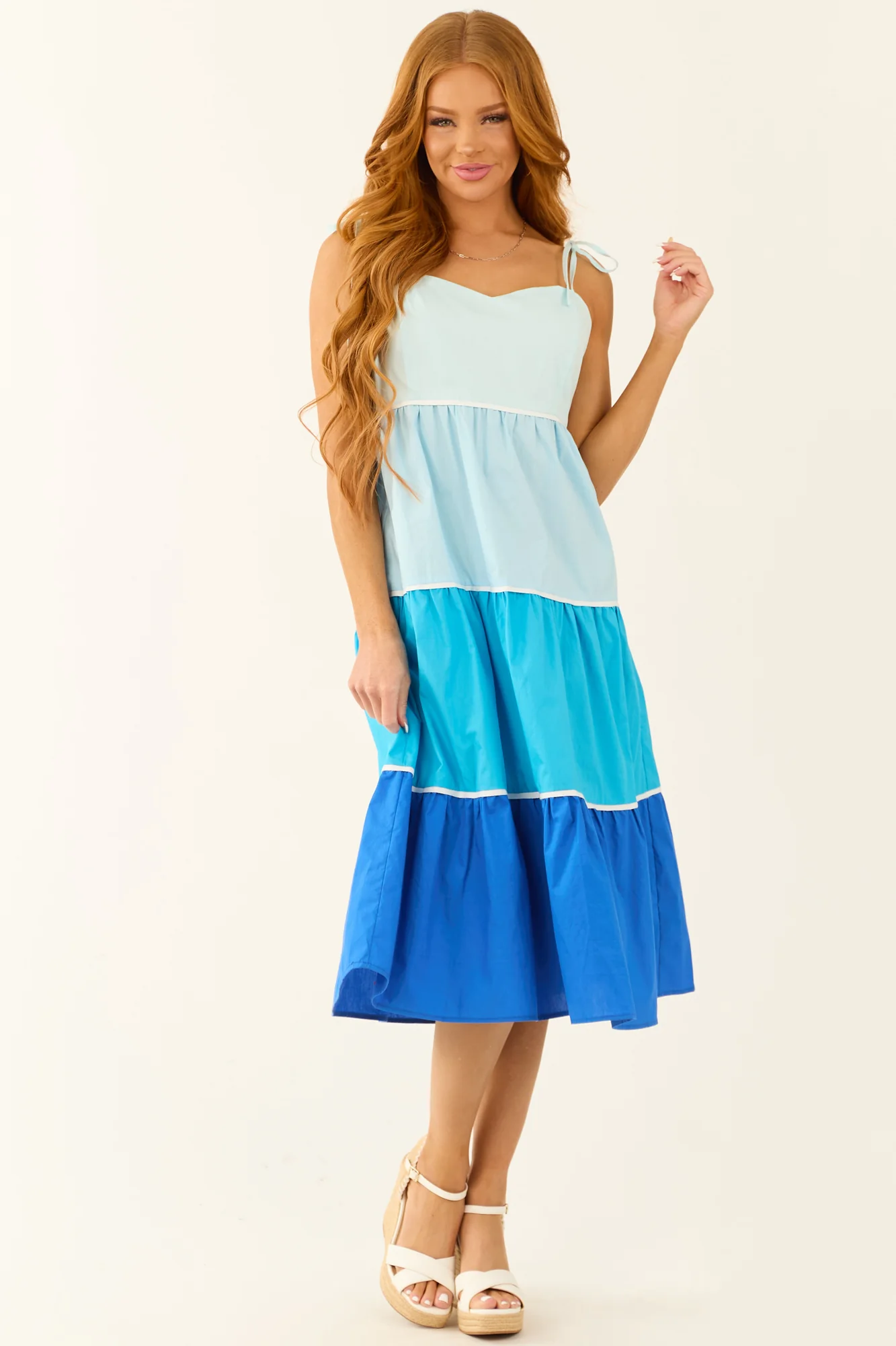 Baby Blue Tiered Sleeveless Midi Dress in Sweetheart Style