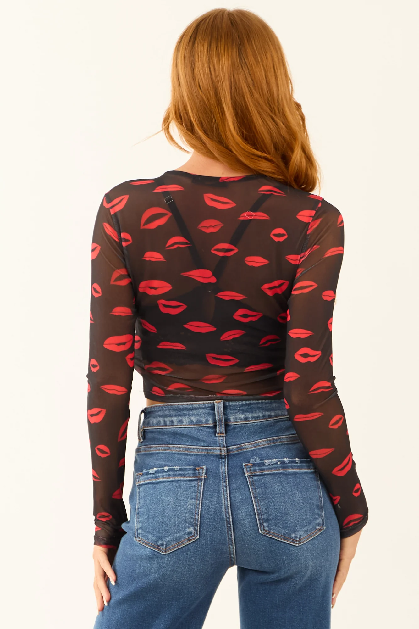 Black Mesh Top with Lip Print Graphics Long Sleeve