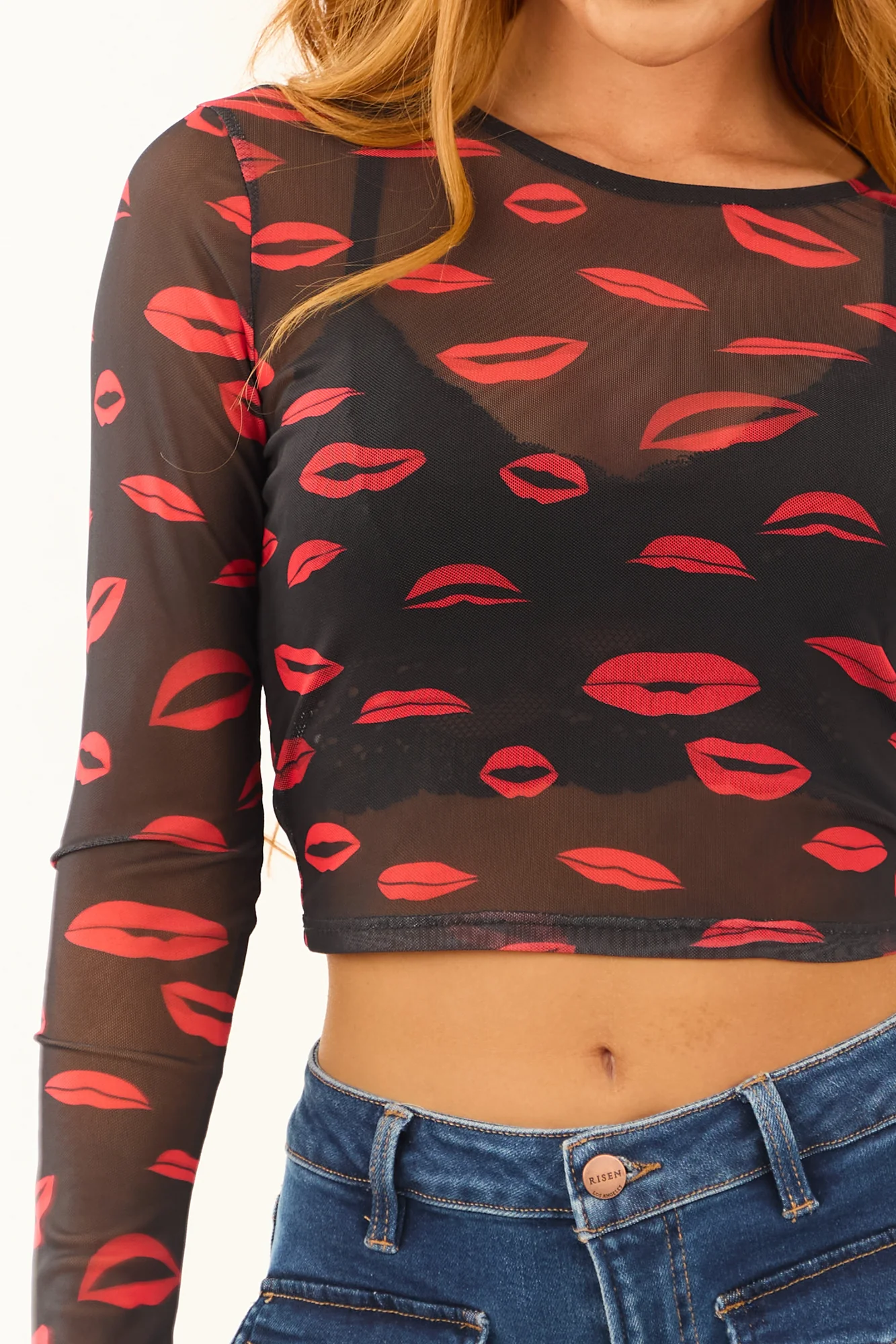 Black Mesh Top with Lip Print Graphics Long Sleeve