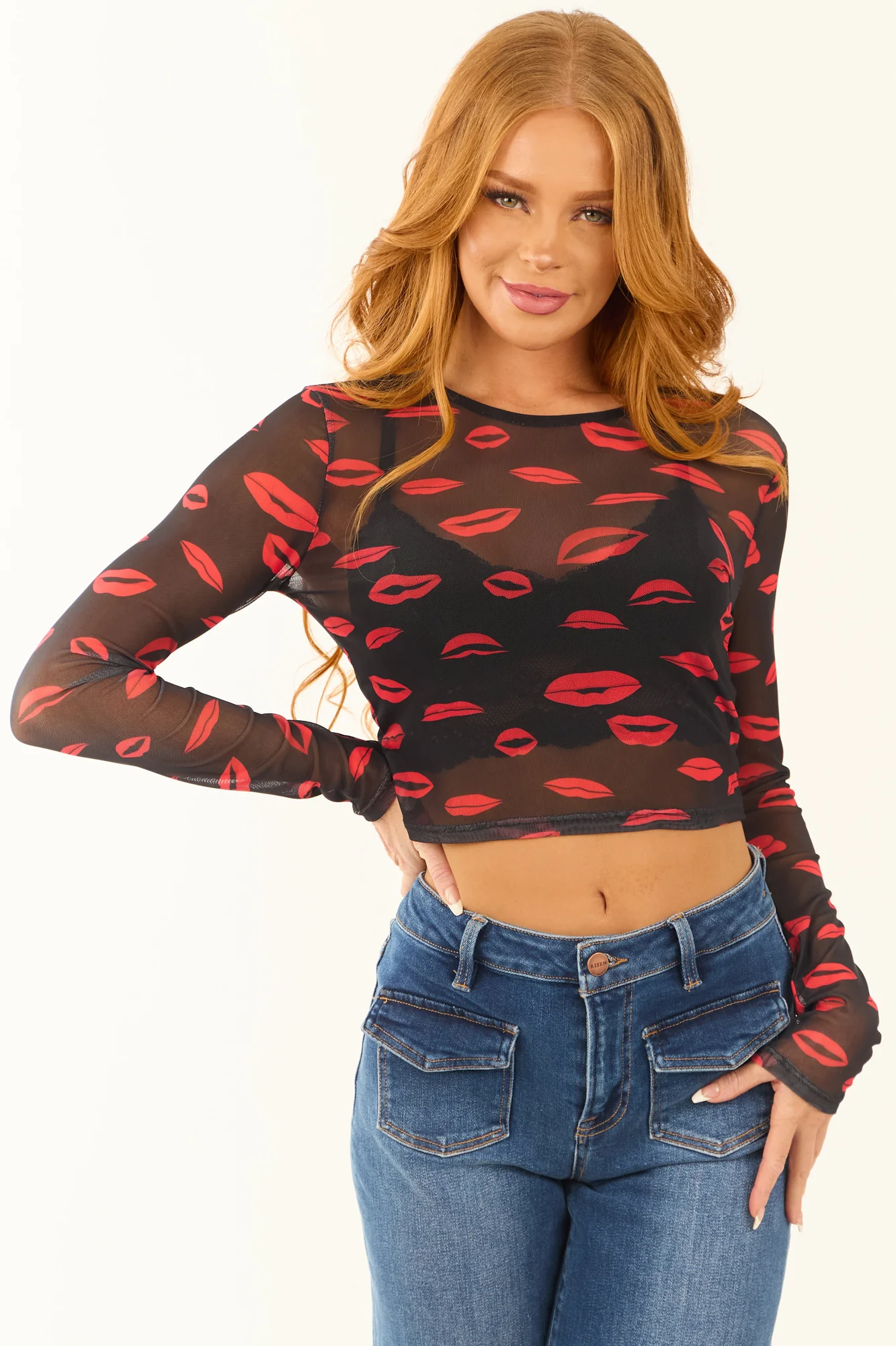 Black Mesh Top with Lip Print Graphics Long Sleeve