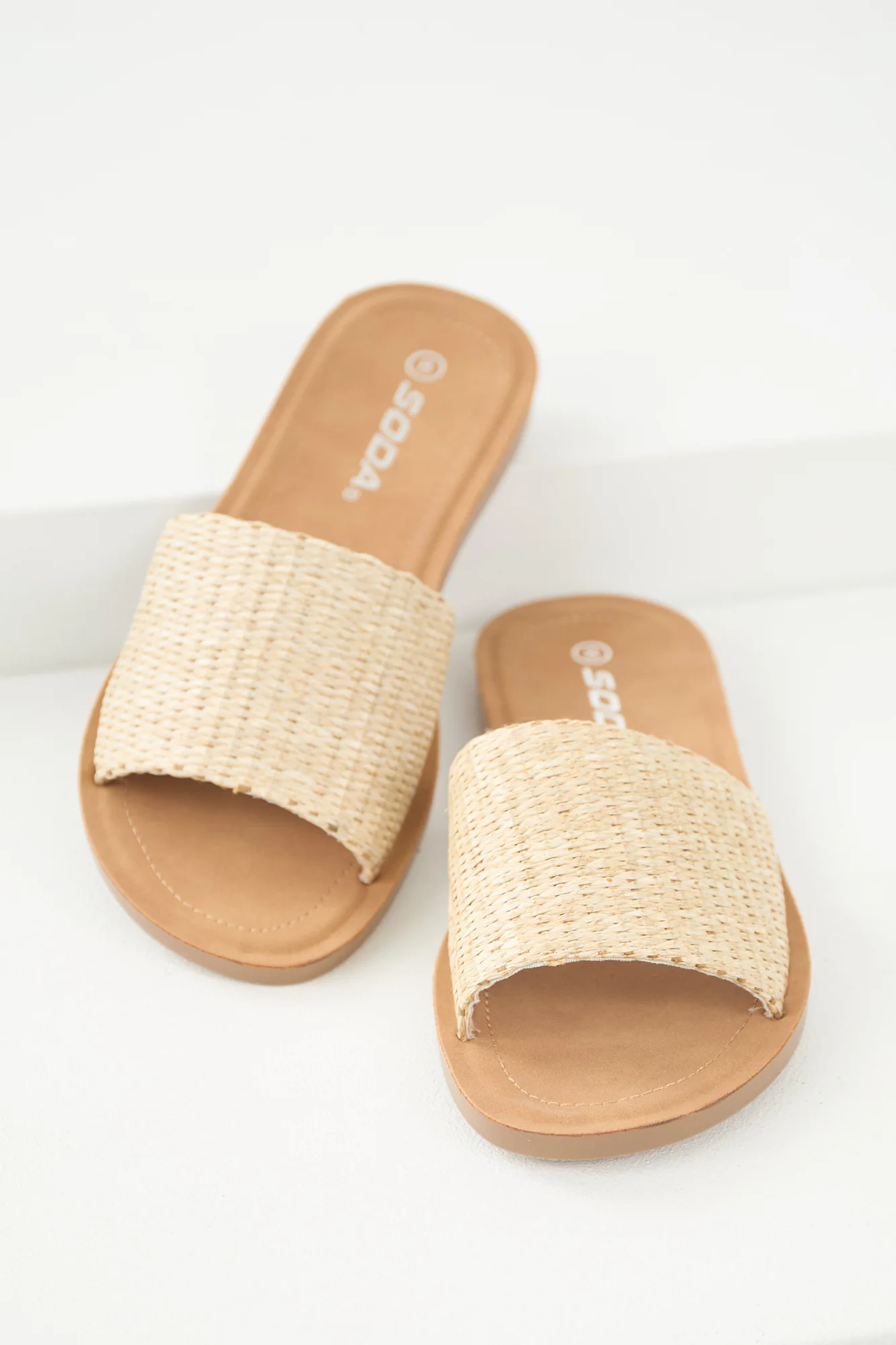 Flat Open Toe Straw Sandals - White Casual Slip-On Flats