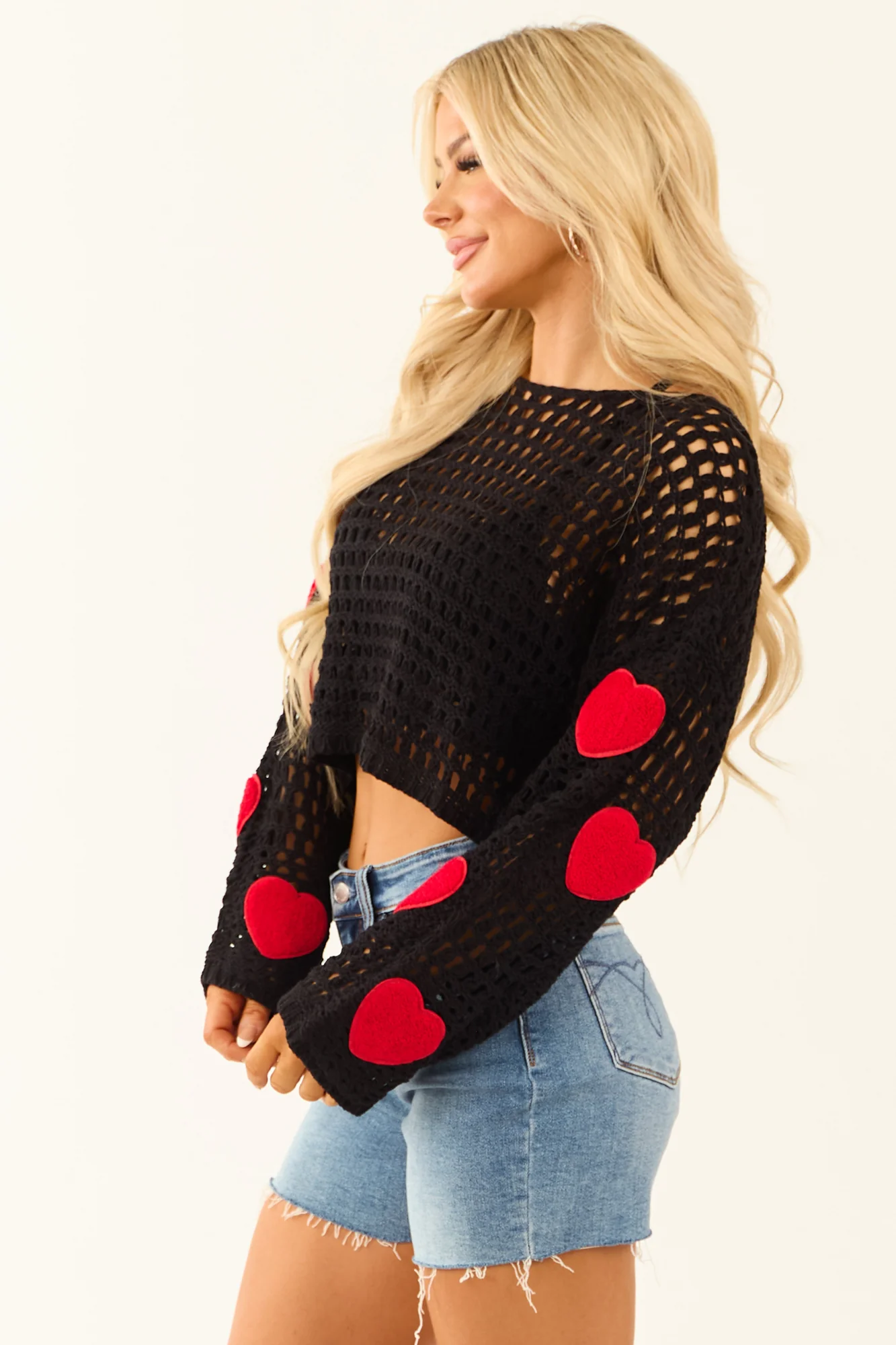 Black Crochet Knit Heart Patch Sweater