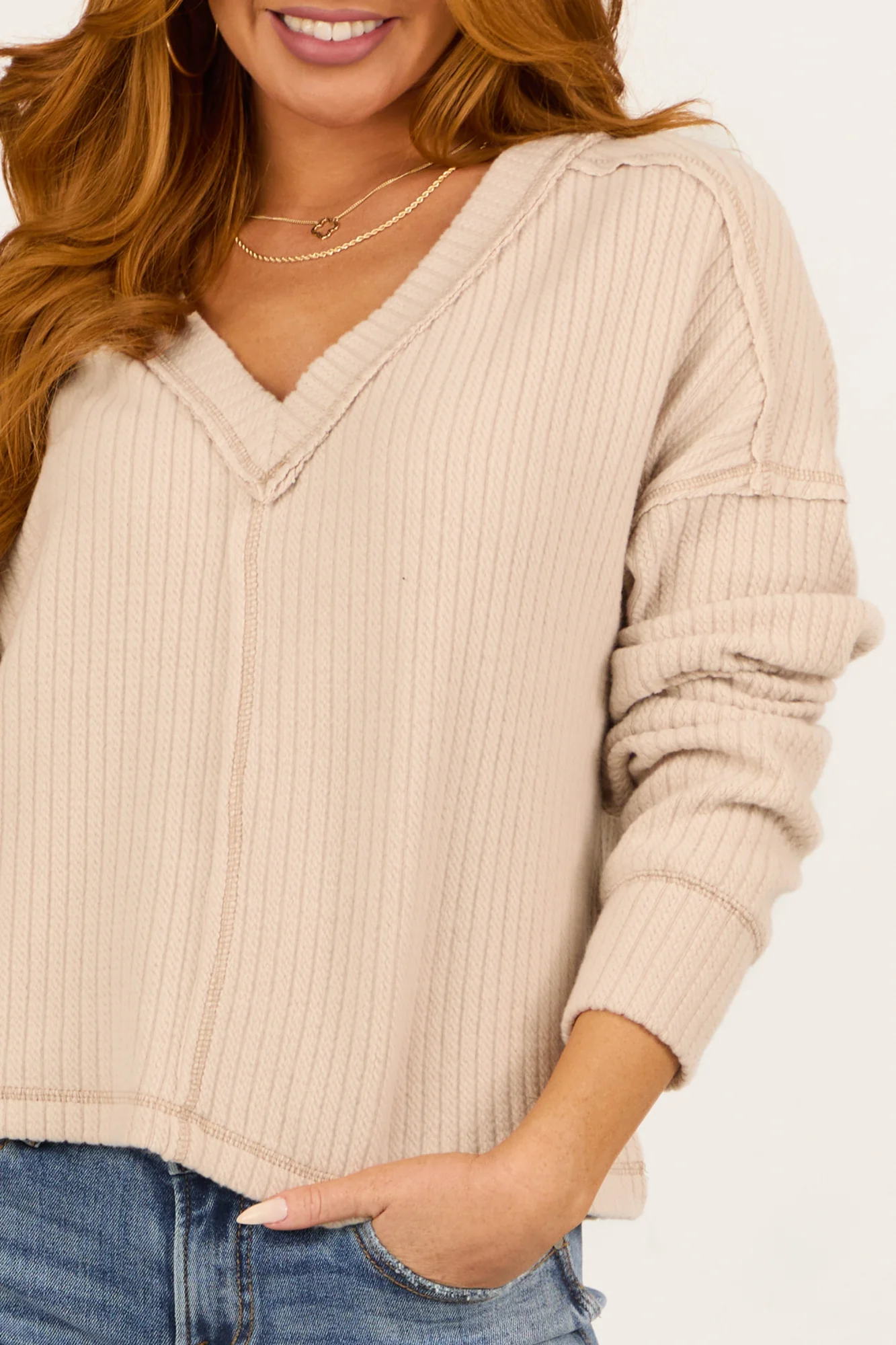 Taupe V Neck Ribbed Knit Sweater