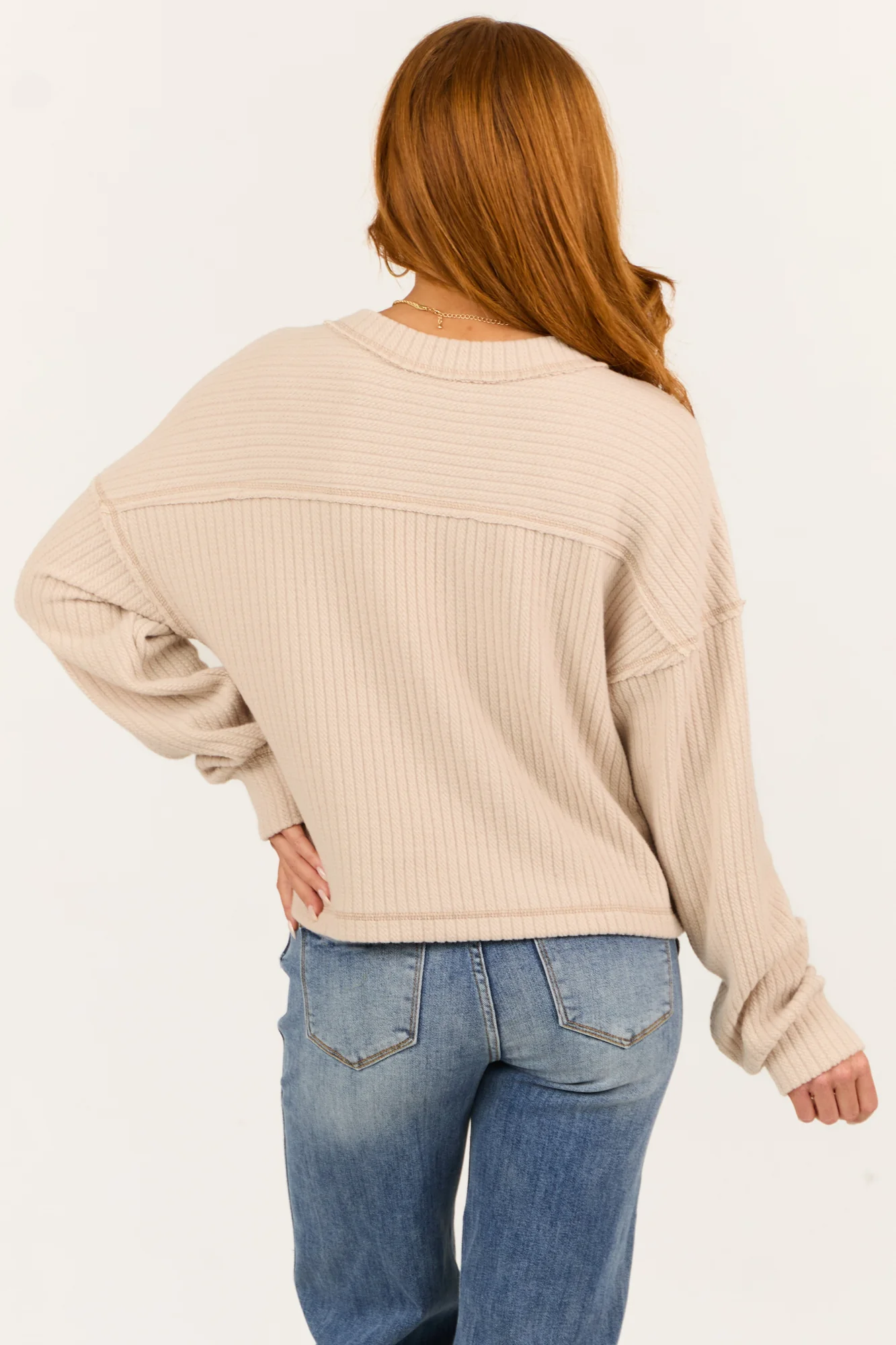 Taupe V Neck Ribbed Knit Sweater