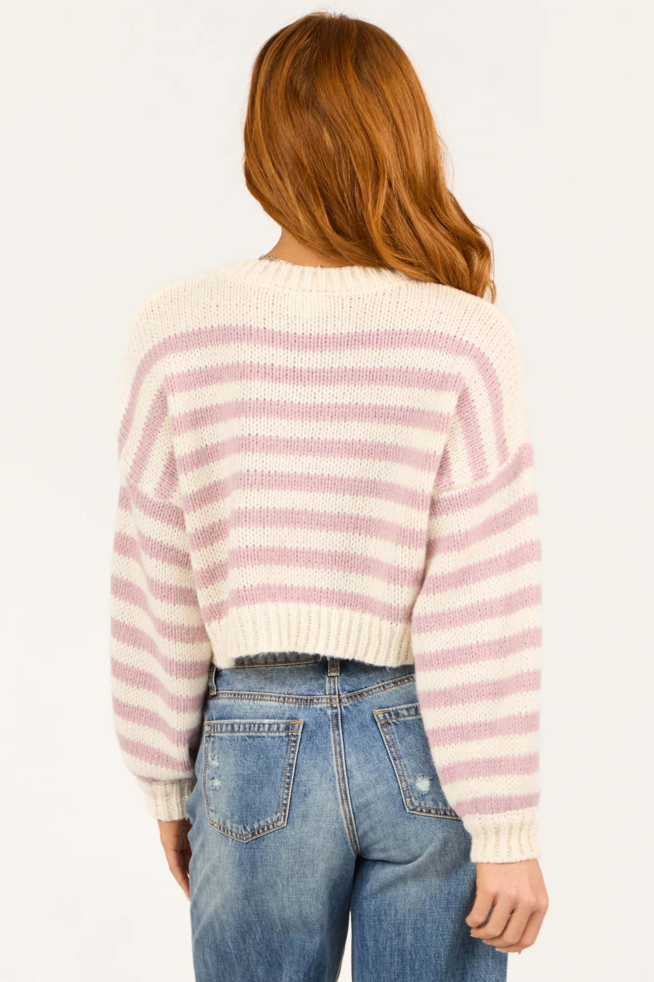 Striped Rib Knit Cropped Sweater - Mauve and Cream