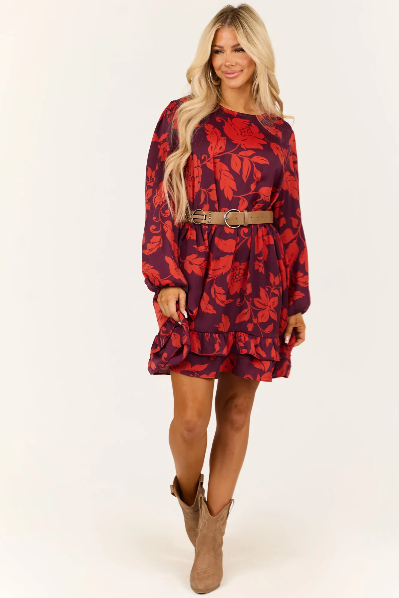 Floral Print Satin Mini Dress in Eggplant and Scarlet