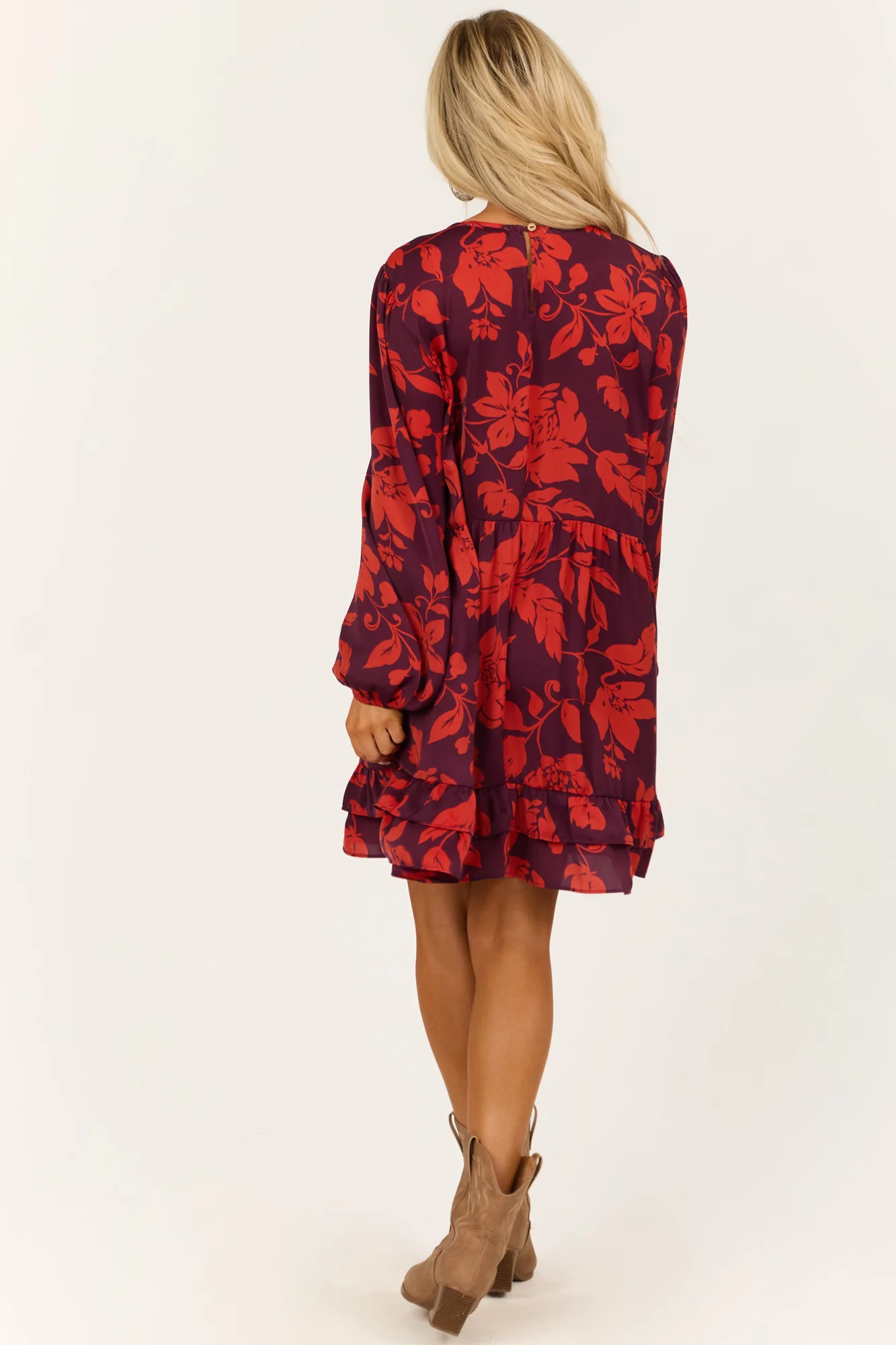 Floral Print Satin Mini Dress in Eggplant and Scarlet