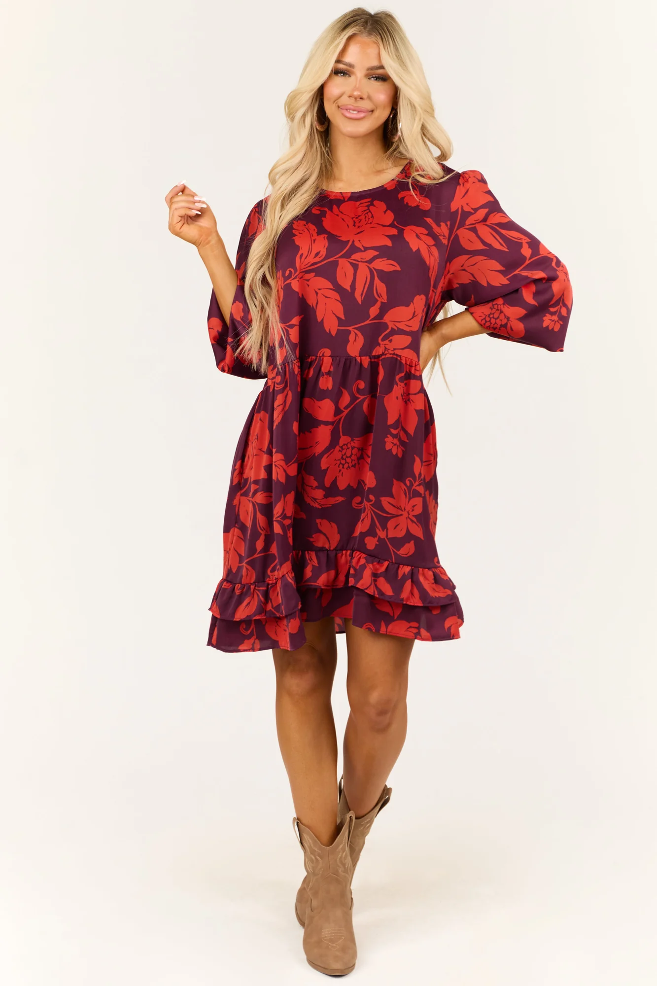 Floral Print Satin Mini Dress in Eggplant and Scarlet