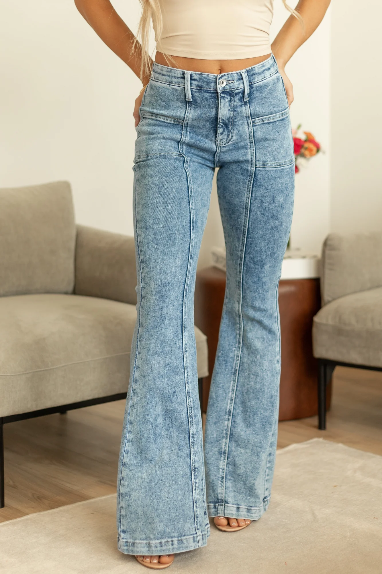 High Rise Light Wash Flare Jeans with Tummy Control