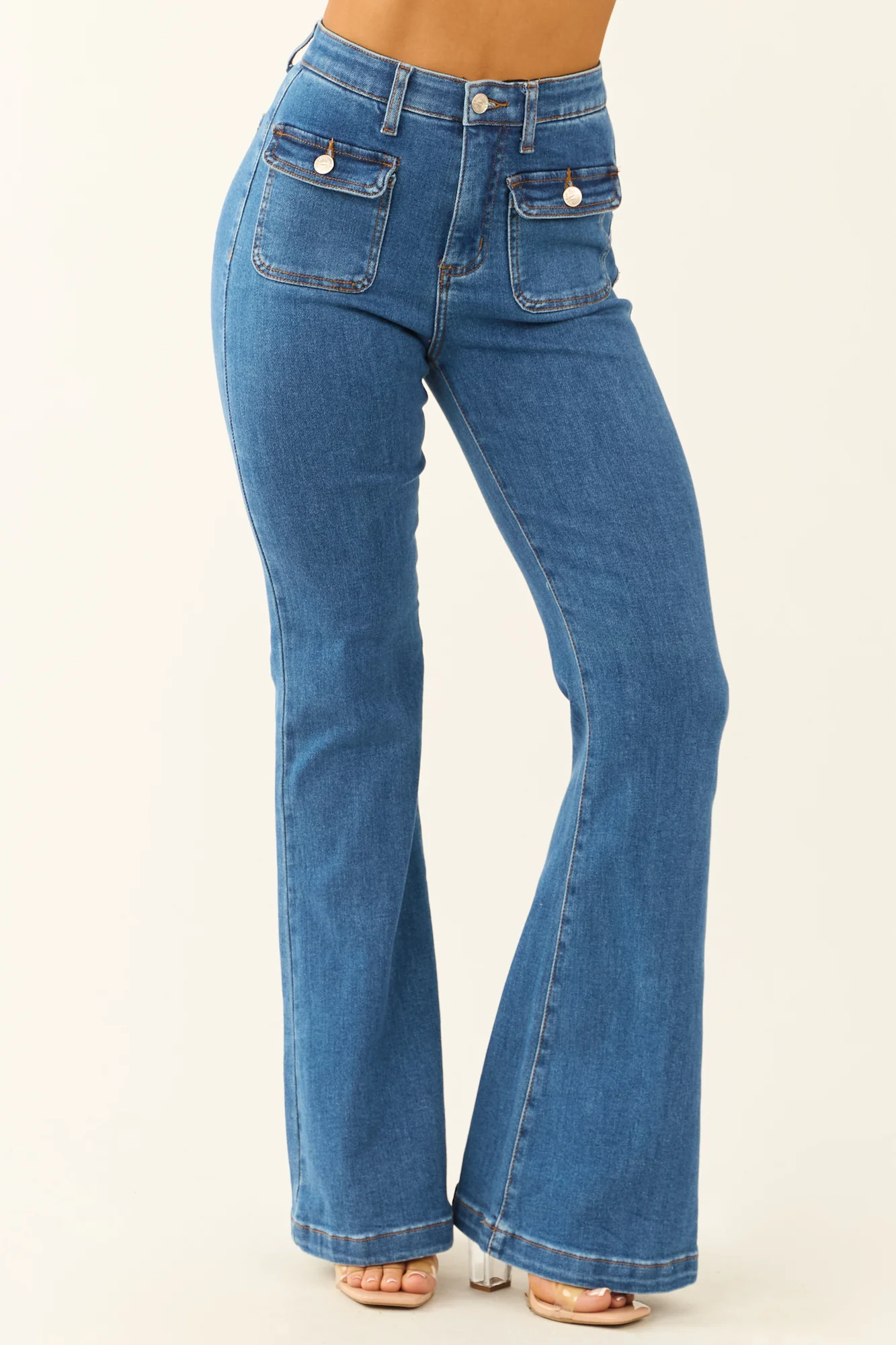 Medium Dark Wash Flare Jeans with Stretchy Tummy Control Waistband