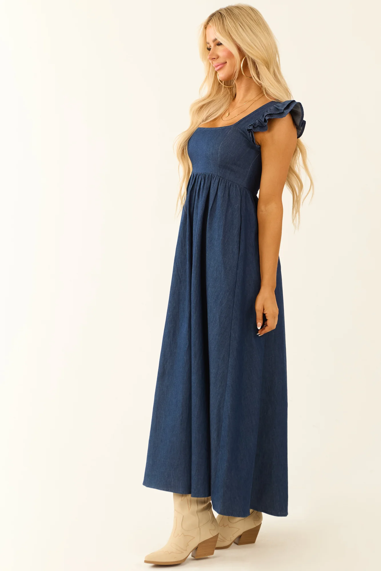 Blue Chambray Babydoll Midi Dress with Ruffle Sleeves