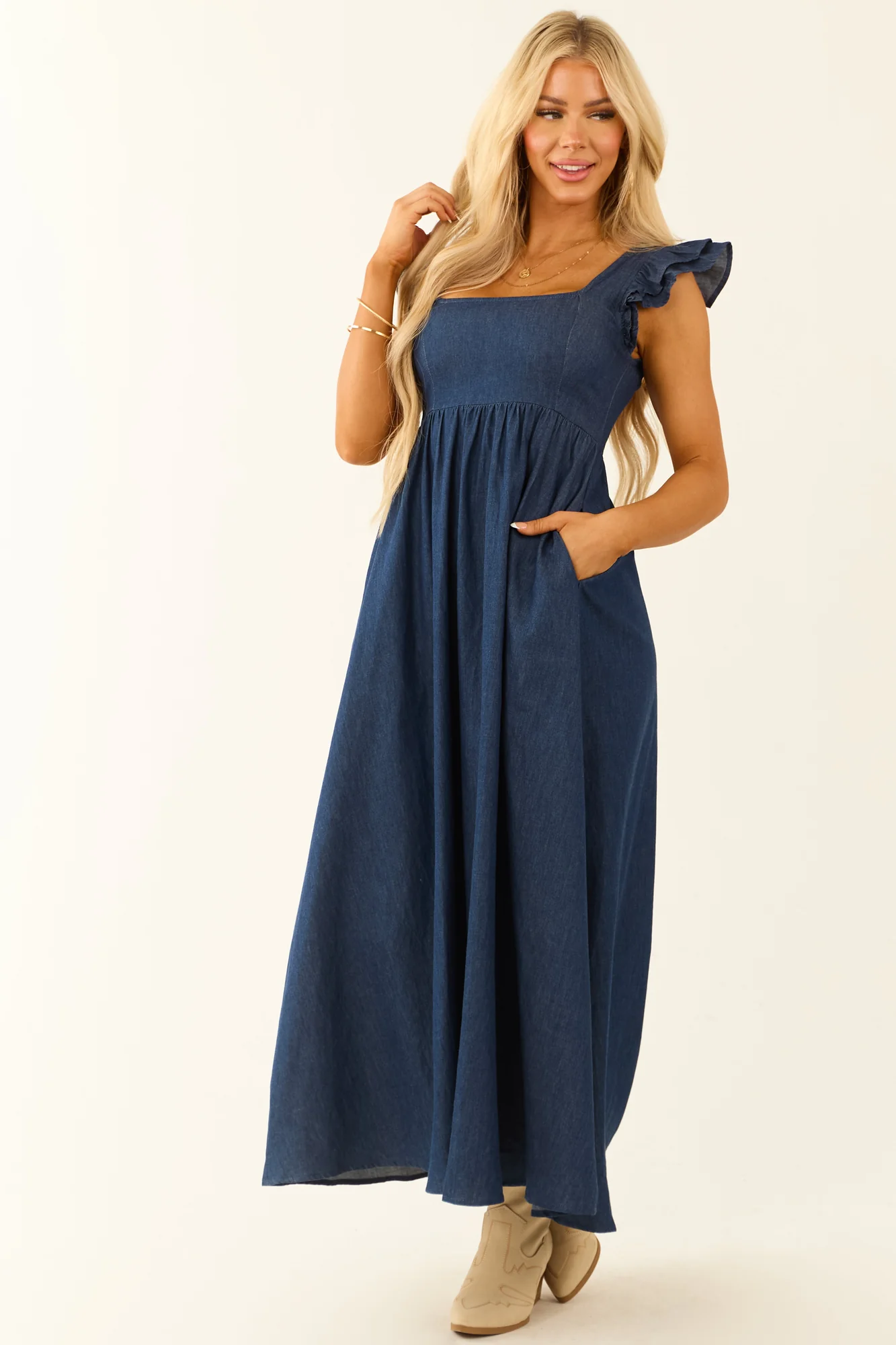 Blue Chambray Babydoll Midi Dress with Ruffle Sleeves