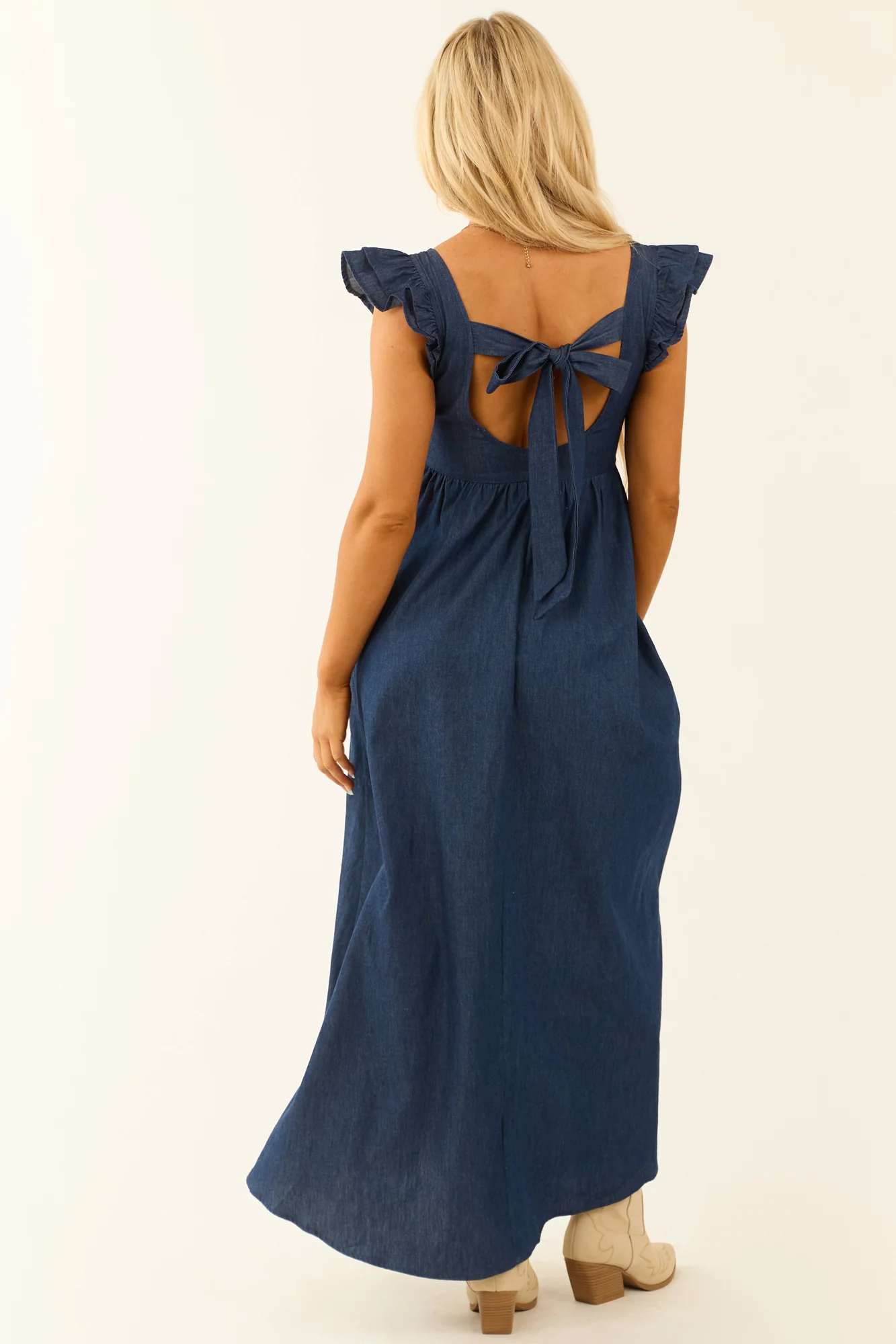 Blue Chambray Babydoll Midi Dress with Ruffle Sleeves