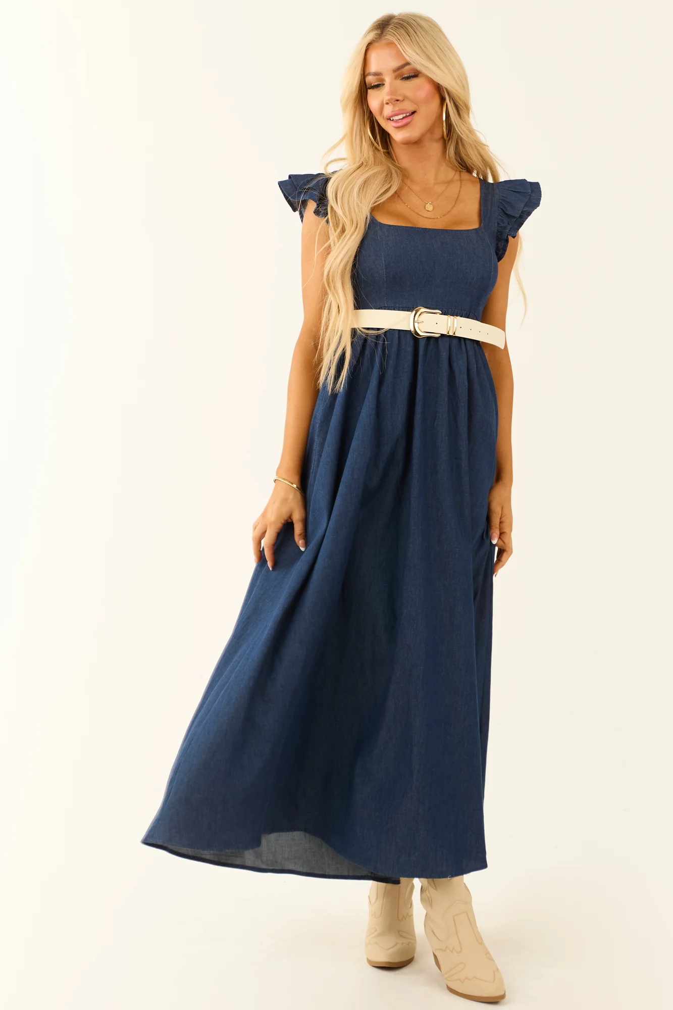 Blue Chambray Babydoll Midi Dress with Ruffle Sleeves