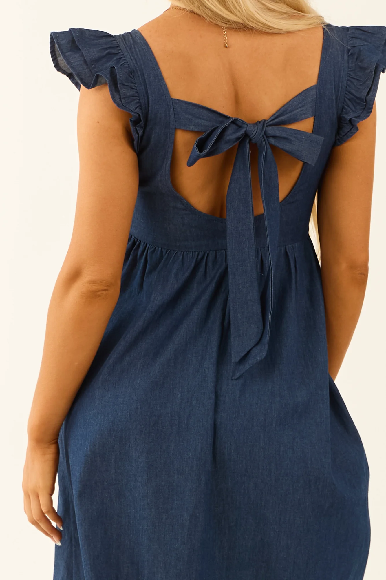Blue Chambray Babydoll Midi Dress with Ruffle Sleeves