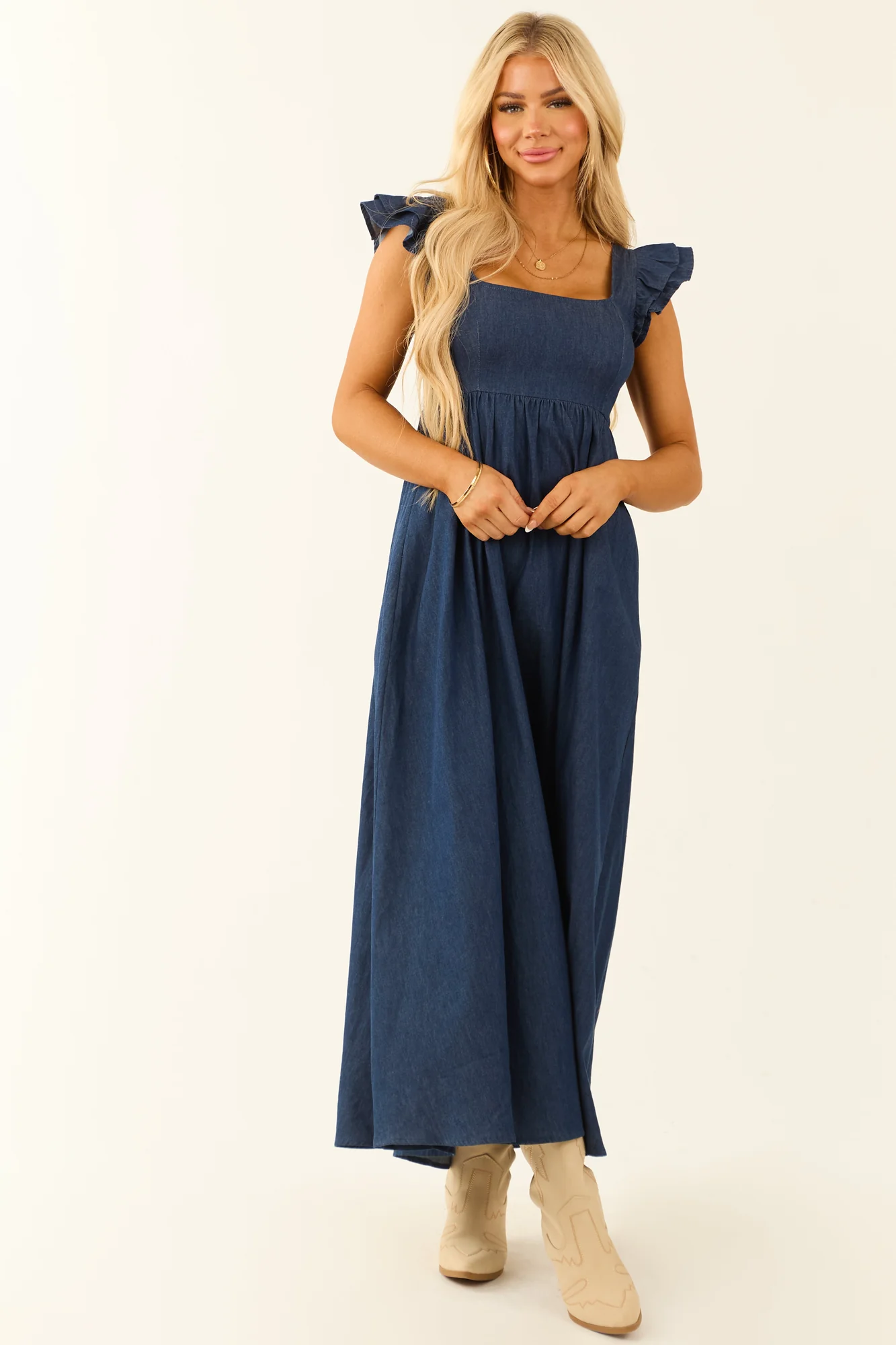 Blue Chambray Babydoll Midi Dress with Ruffle Sleeves