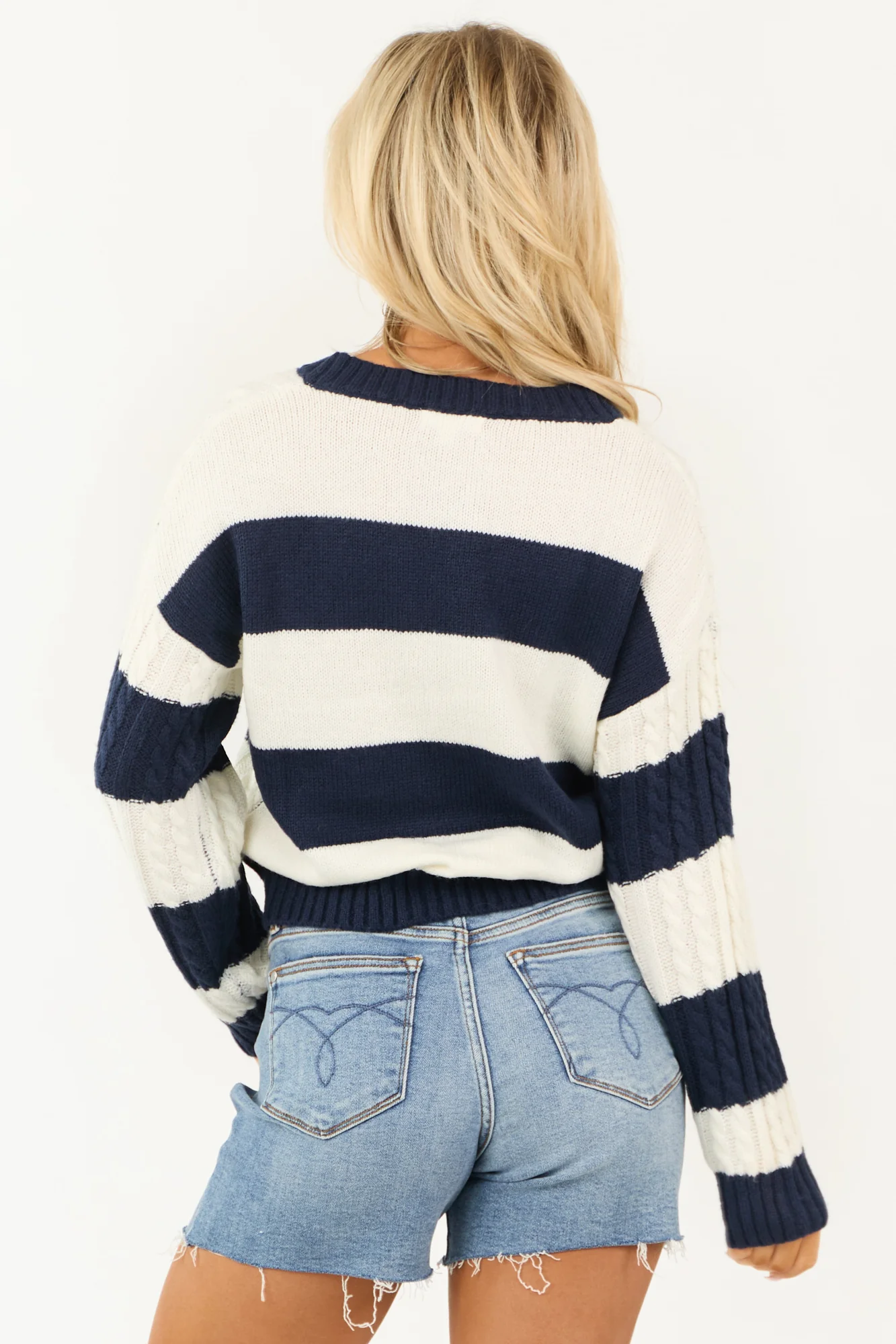 Navy Striped V Neck Cable Knit Sweater - Womens Fashion Pullover