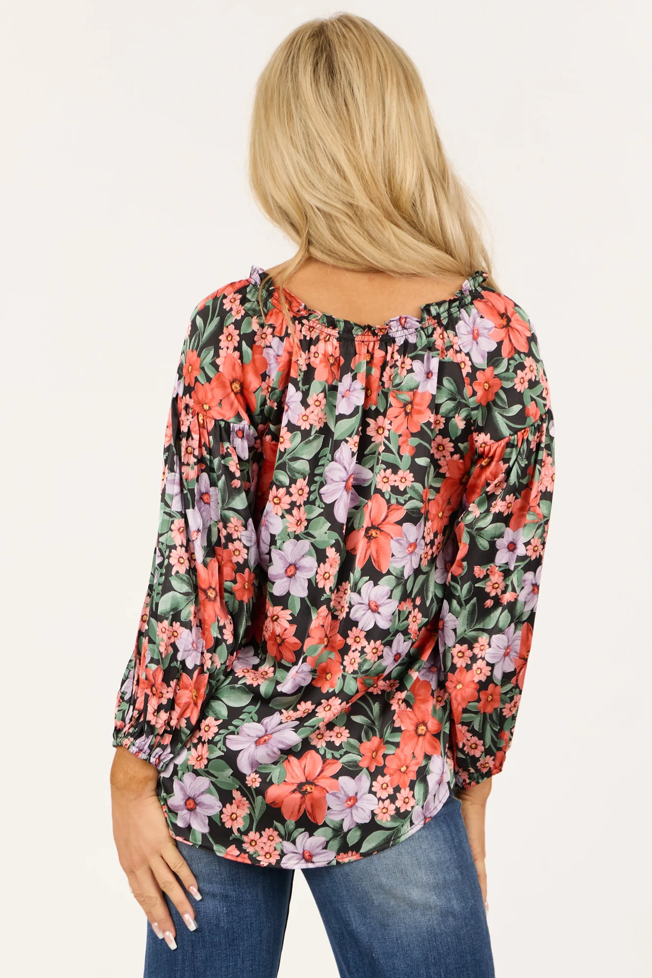 Floral V Neck Pleated Long Sleeve Top in Black