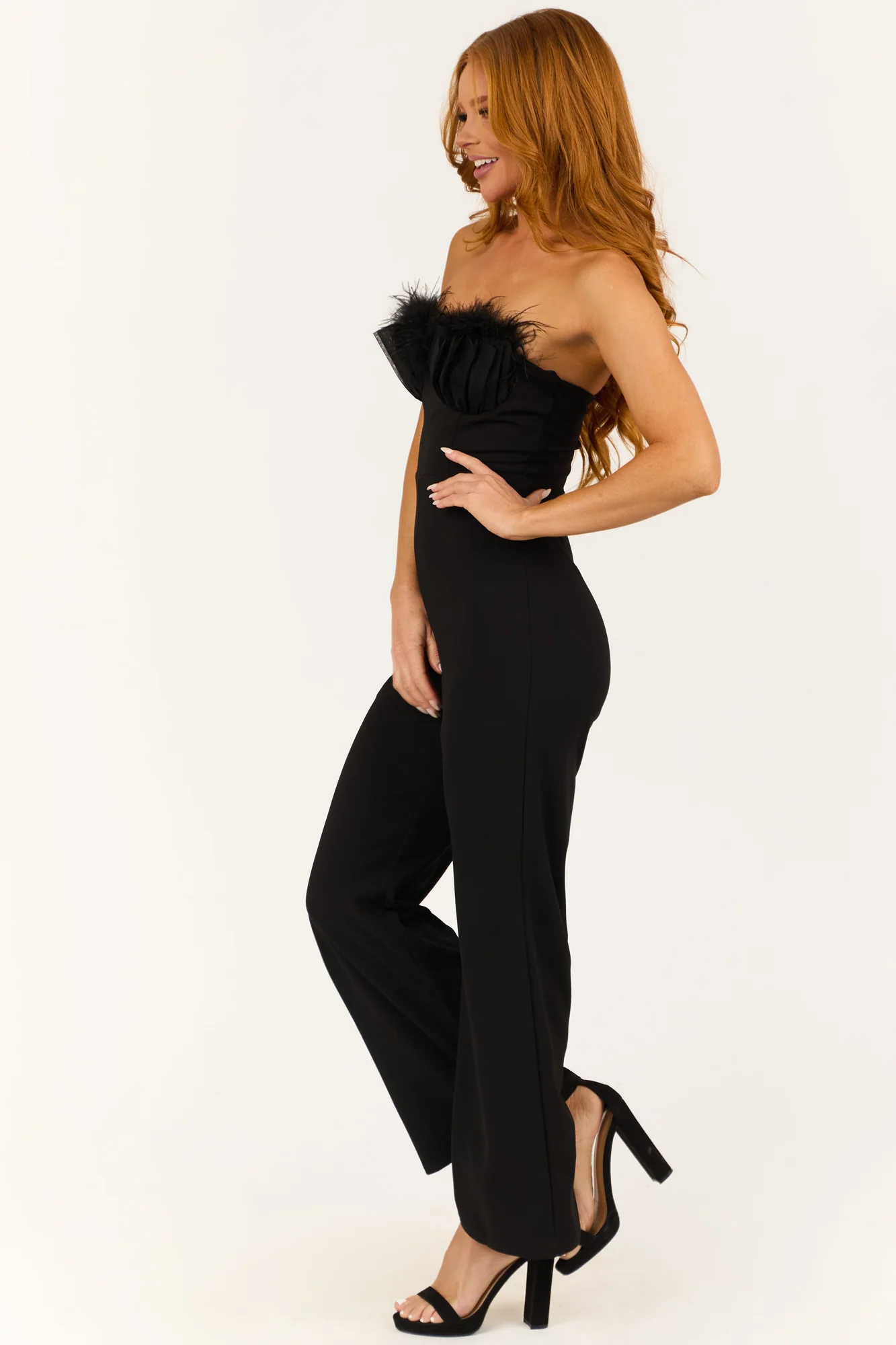 Black Strapless Jumpsuit with Pleated Bust and Feather Detail
