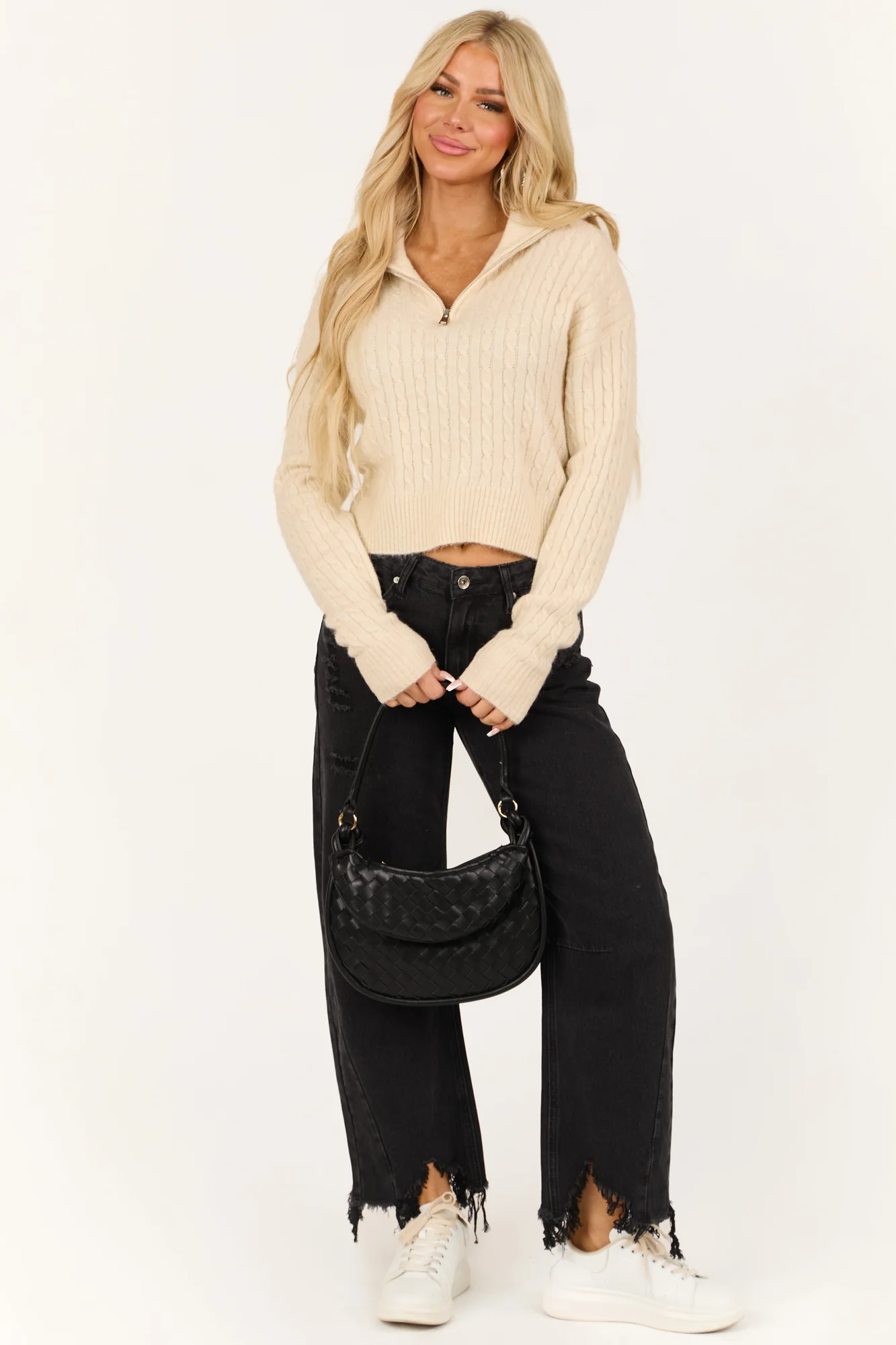 Ivory Cable Knit Quarter Zip Sweater