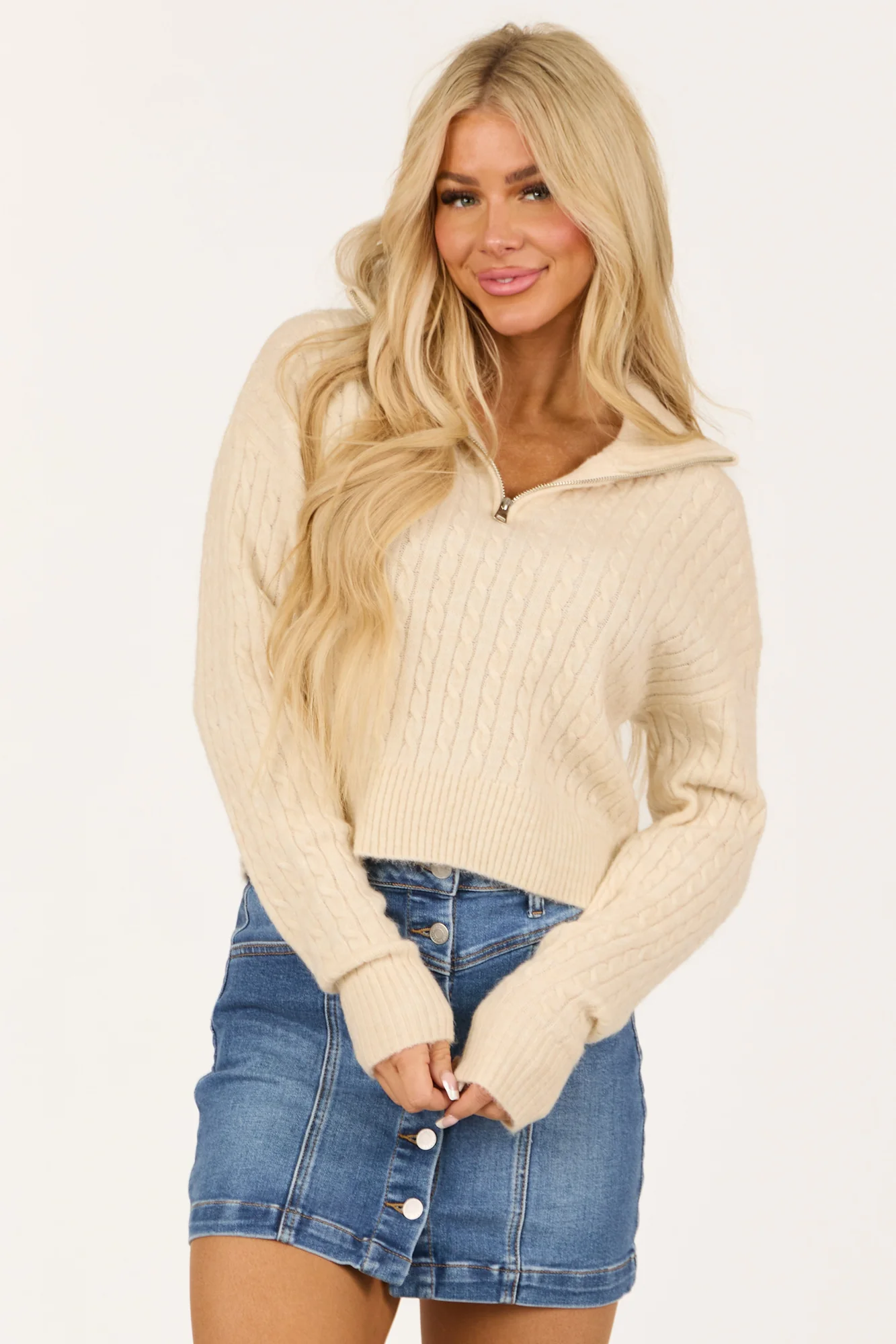 Ivory Cable Knit Quarter Zip Sweater