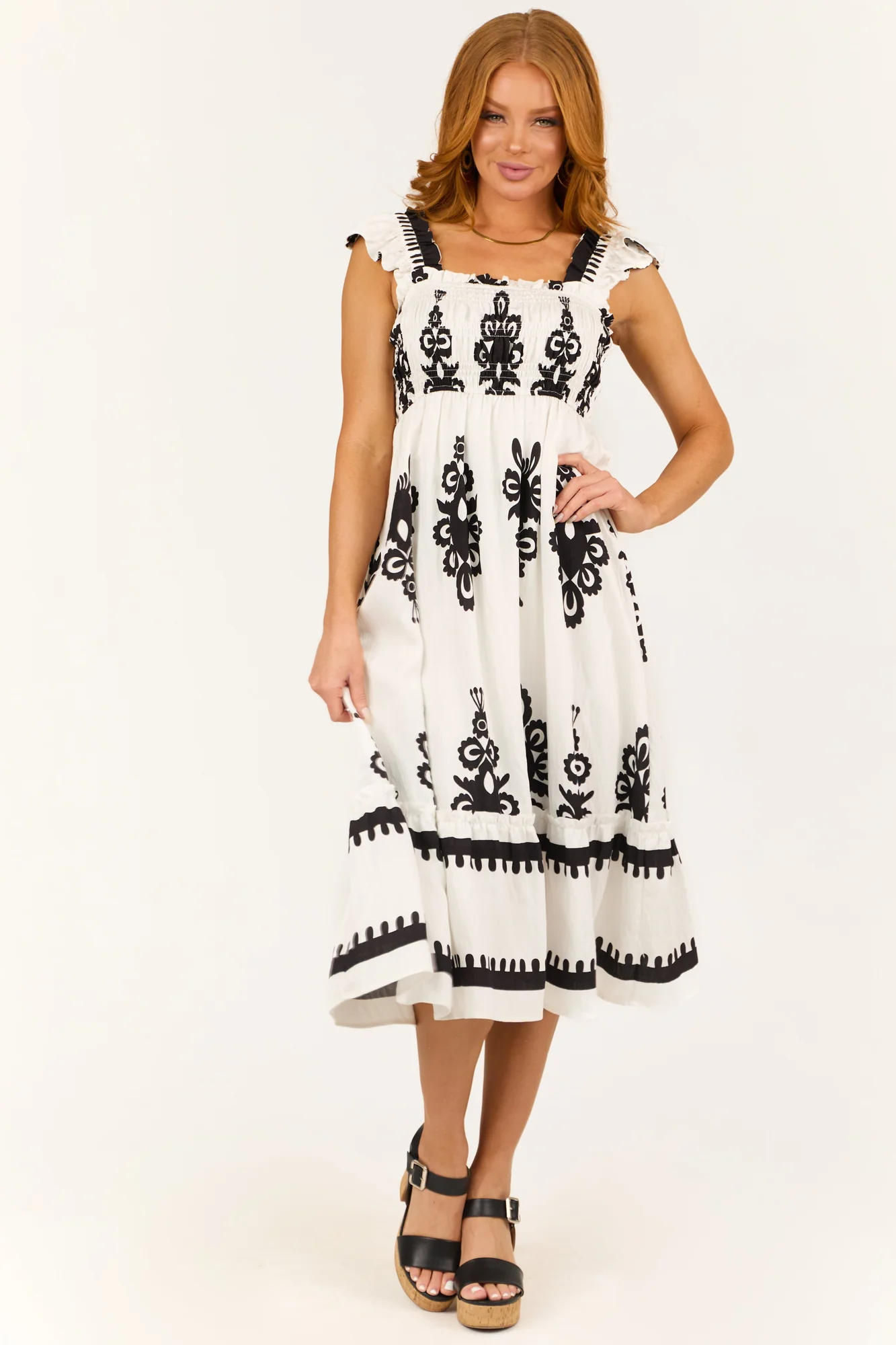 Abstract Print Smocked Midi Sun Dress White Black Womens Fashion