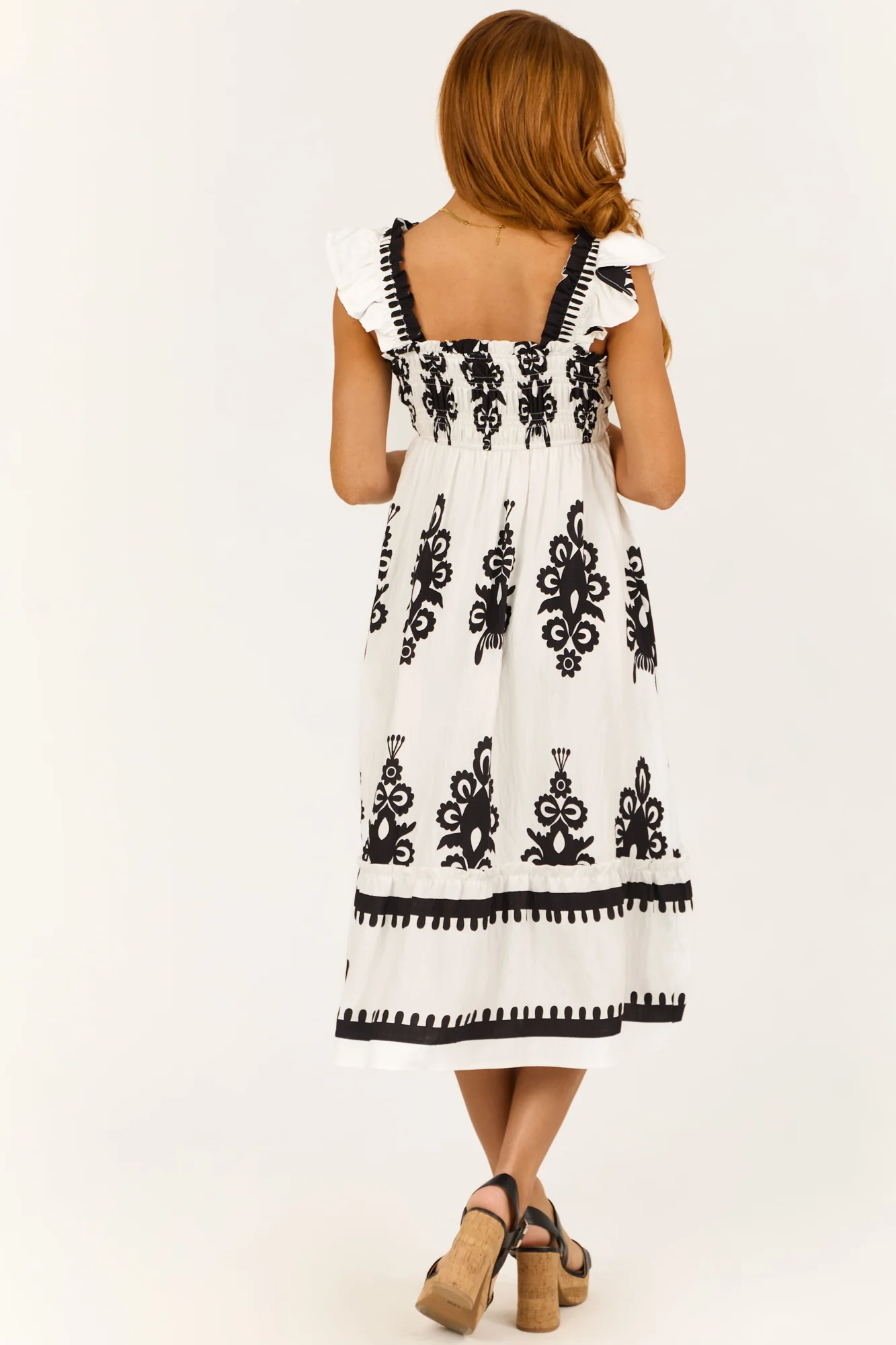 Abstract Print Smocked Midi Sun Dress White Black Womens Fashion