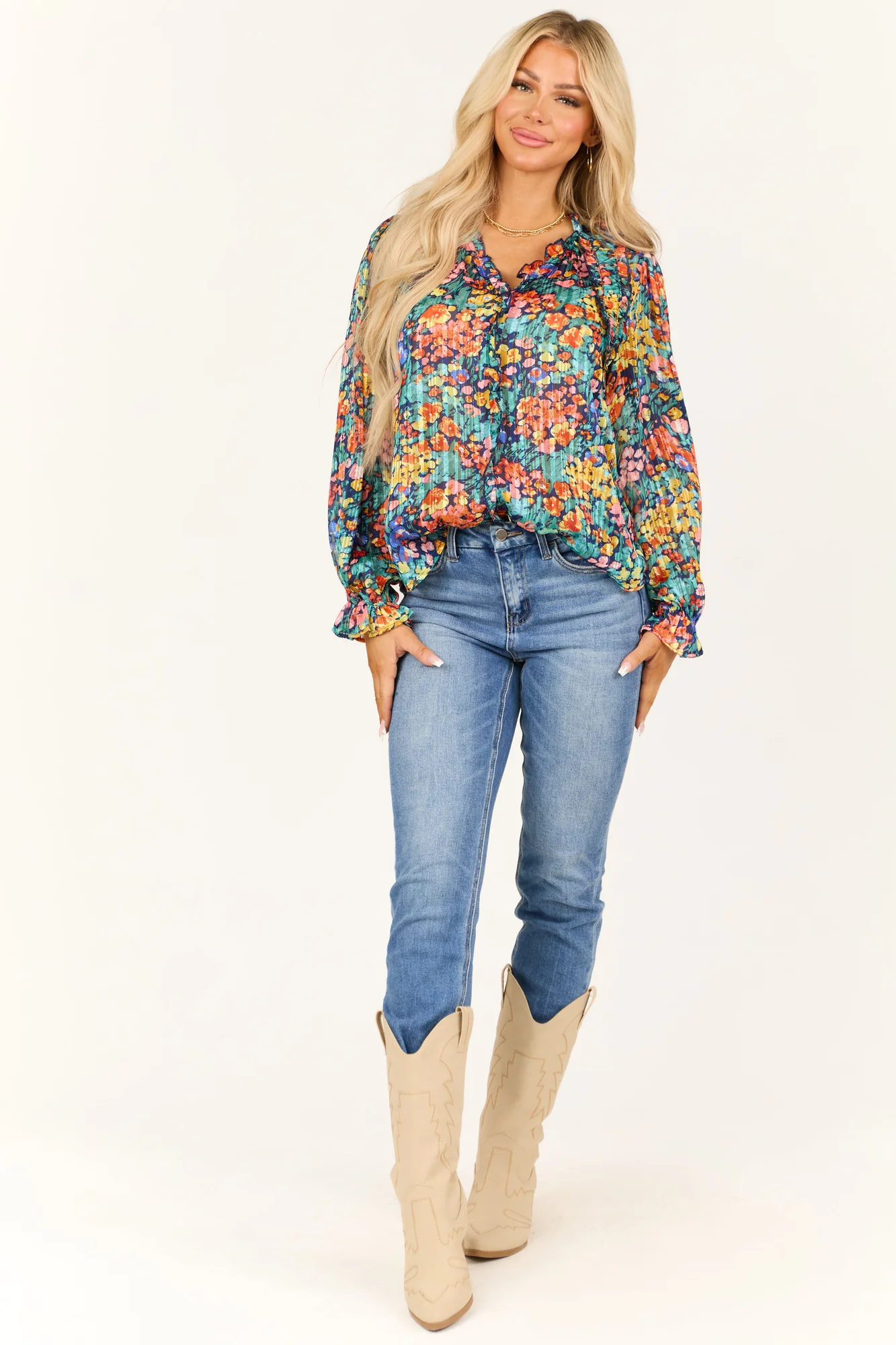 Teal Floral Frill V-Neck Blouse