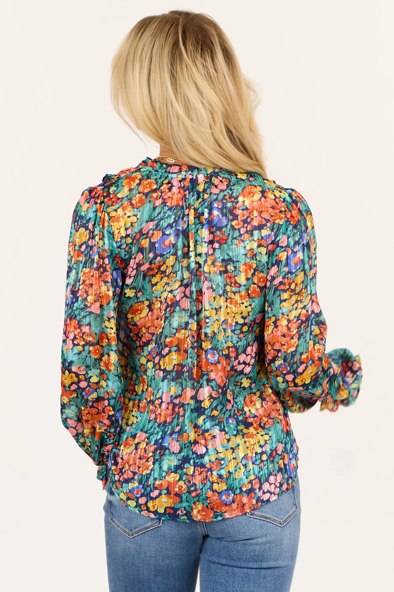 Teal Floral Frill V-Neck Blouse