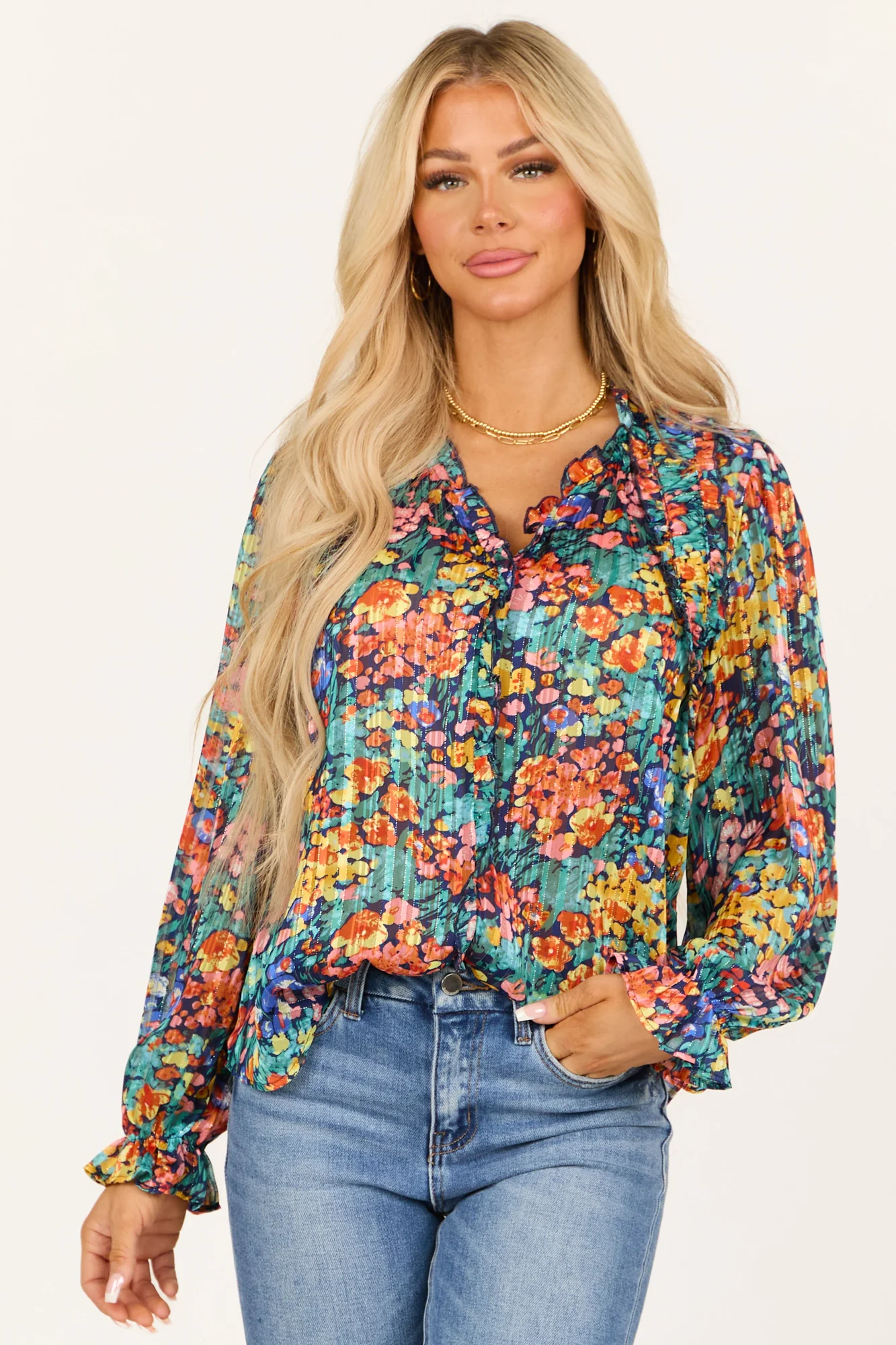 Teal Floral Frill V-Neck Blouse