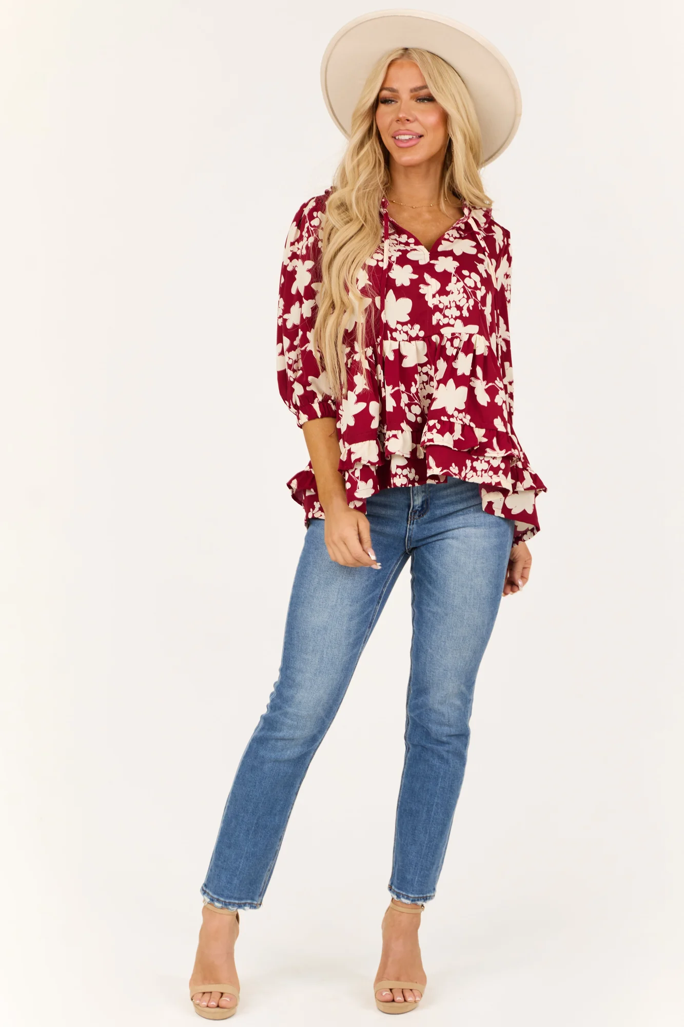 Maroon Floral Ruffle Sleeve V-Neck Top