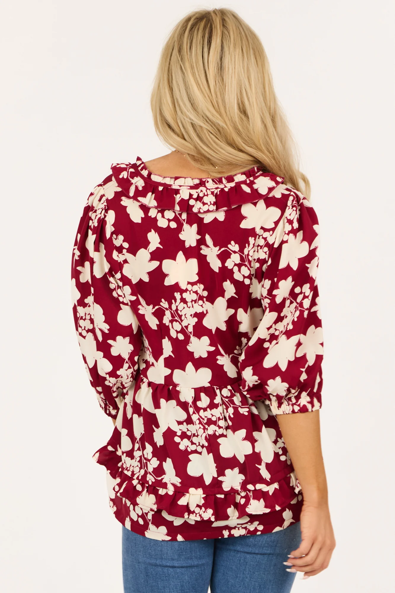 Maroon Floral Ruffle Sleeve V-Neck Top