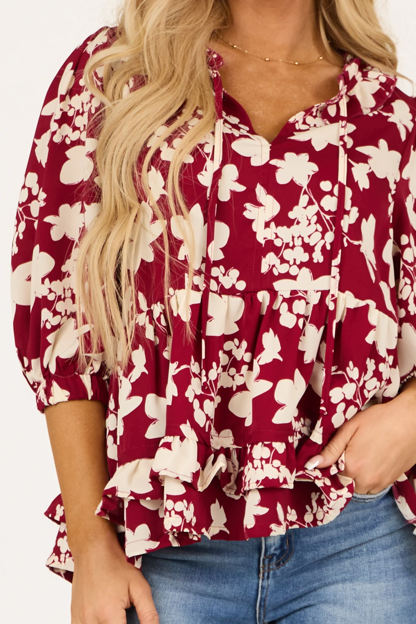 Maroon Floral Ruffle Sleeve V-Neck Top