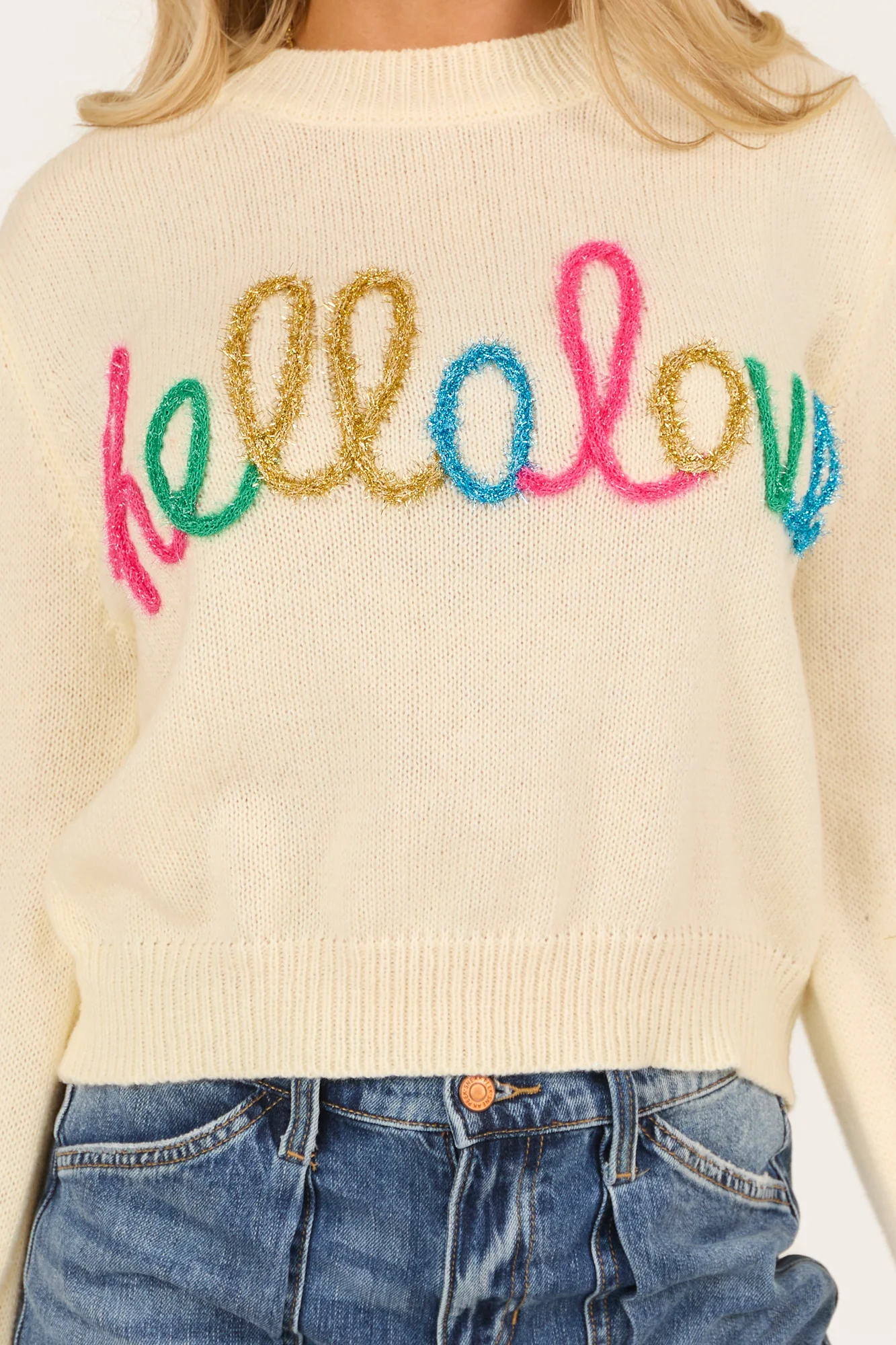 Cream Magenta Gold Kelly Green Azure Knit Long Sleeve Sweater