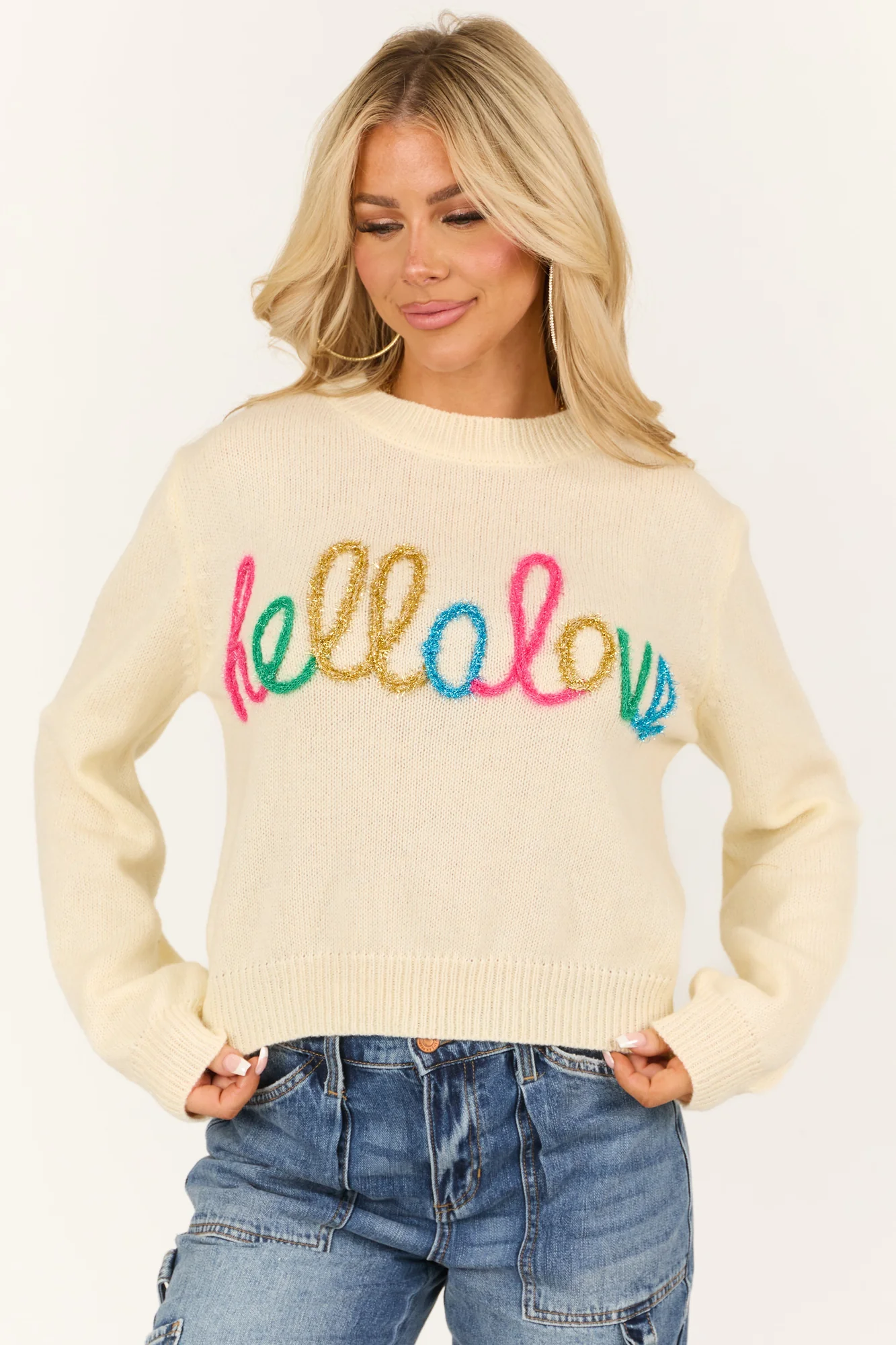 Cream Magenta Gold Kelly Green Azure Knit Long Sleeve Sweater
