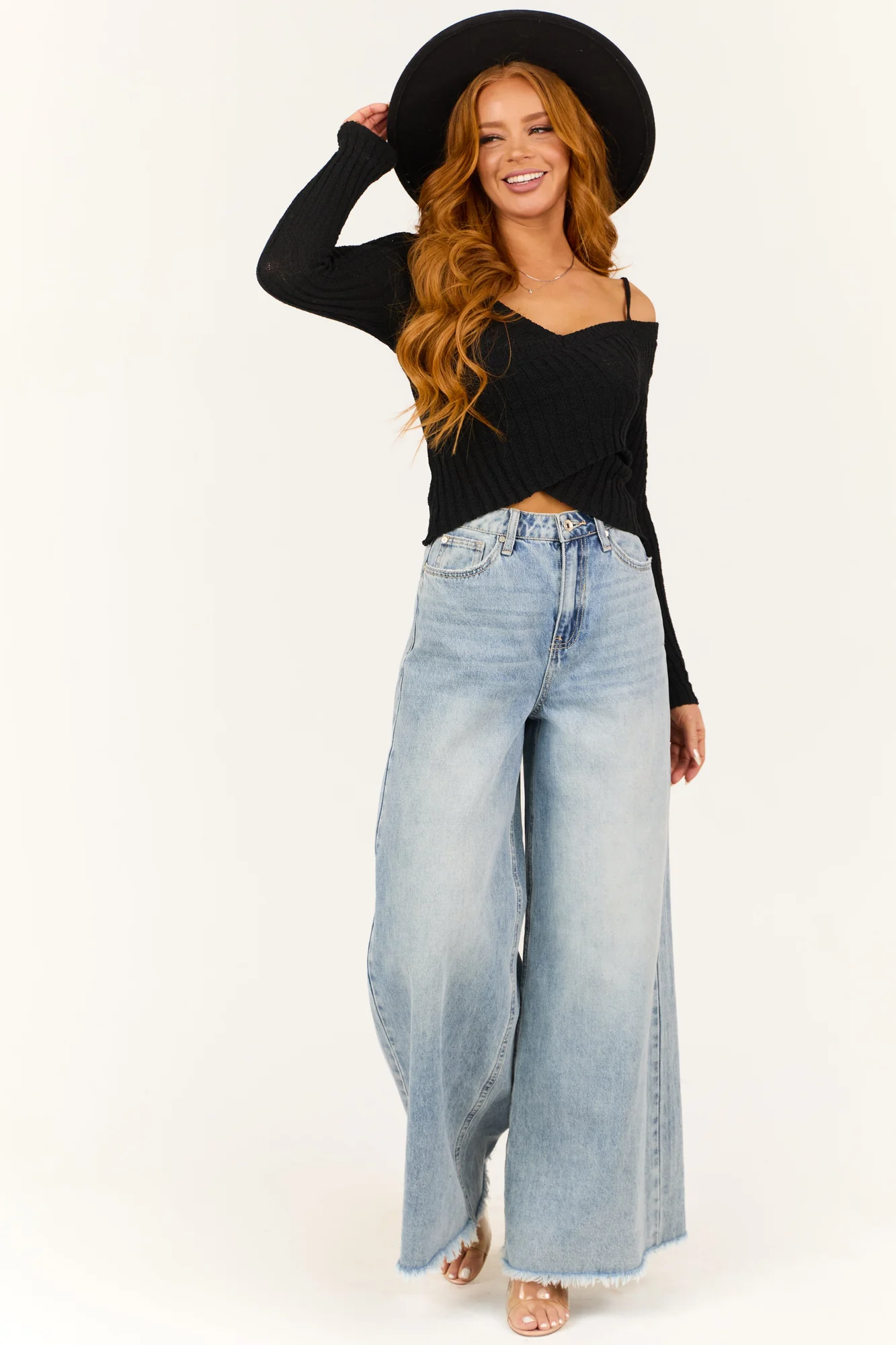 Black Ribbed Knit Crossover Sweater