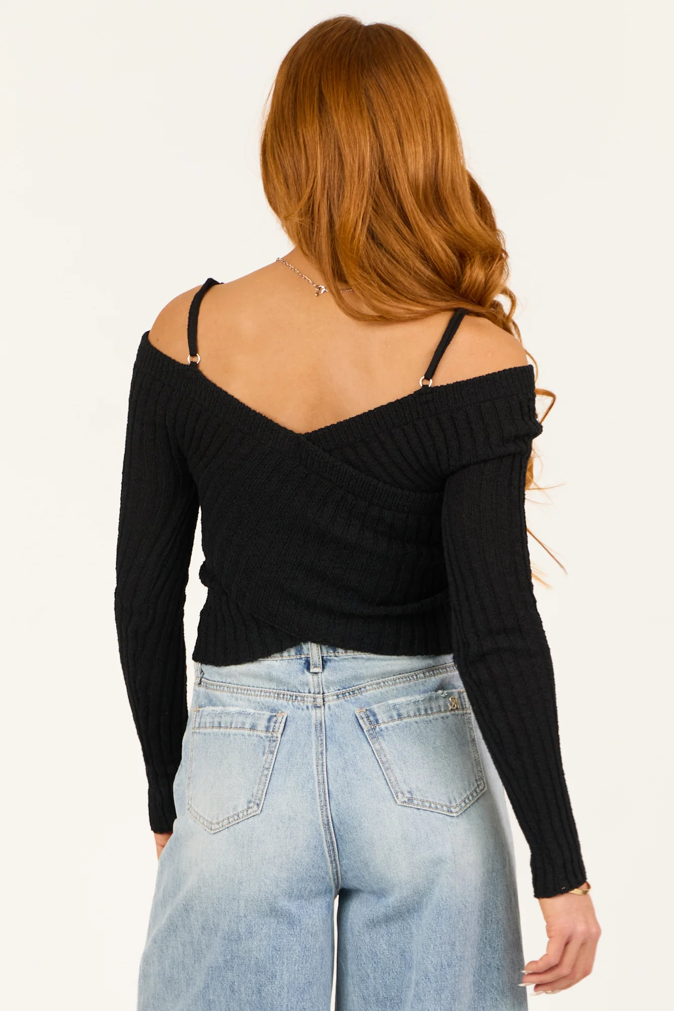 Black Ribbed Knit Crossover Sweater