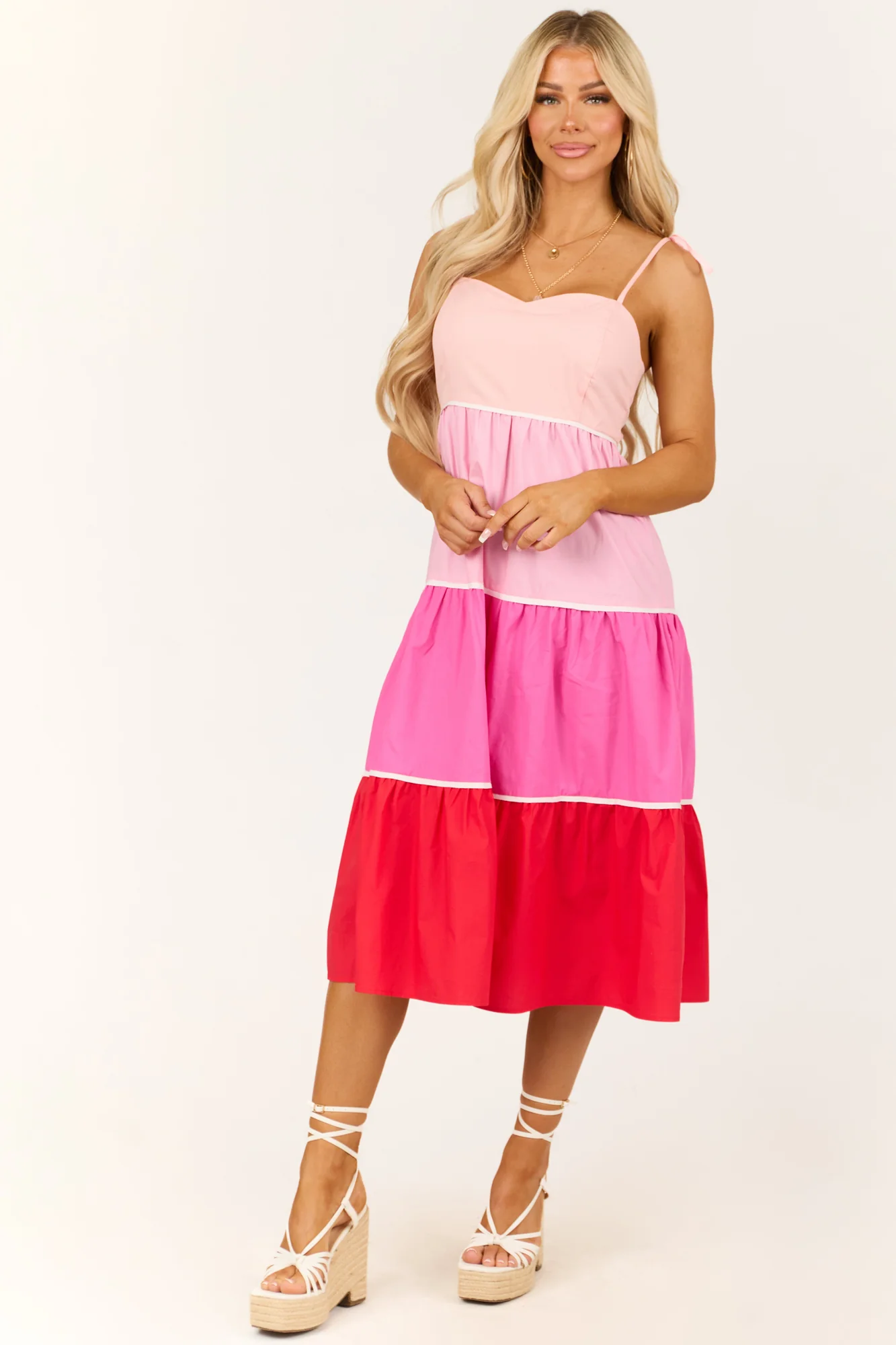 Sweetheart Neckline Baby Pink Tiered Colorblock Midi Dress