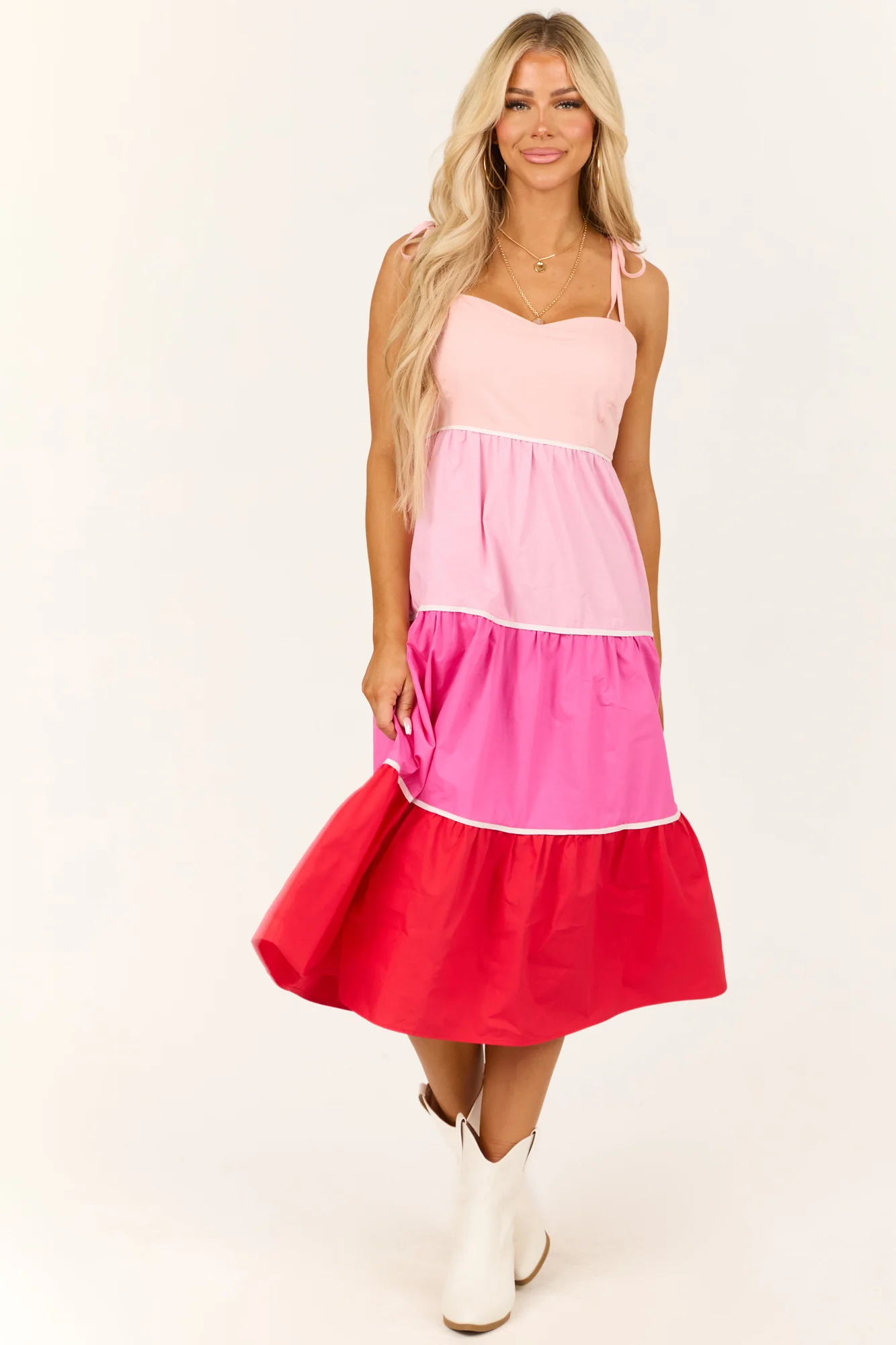 Sweetheart Neckline Baby Pink Tiered Colorblock Midi Dress