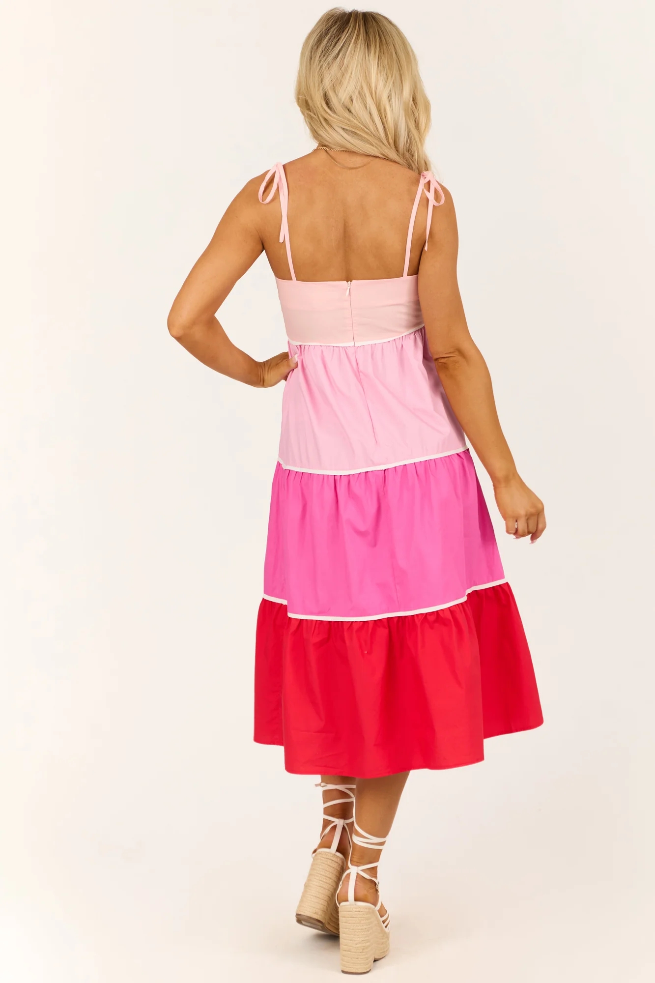 Sweetheart Neckline Baby Pink Tiered Colorblock Midi Dress